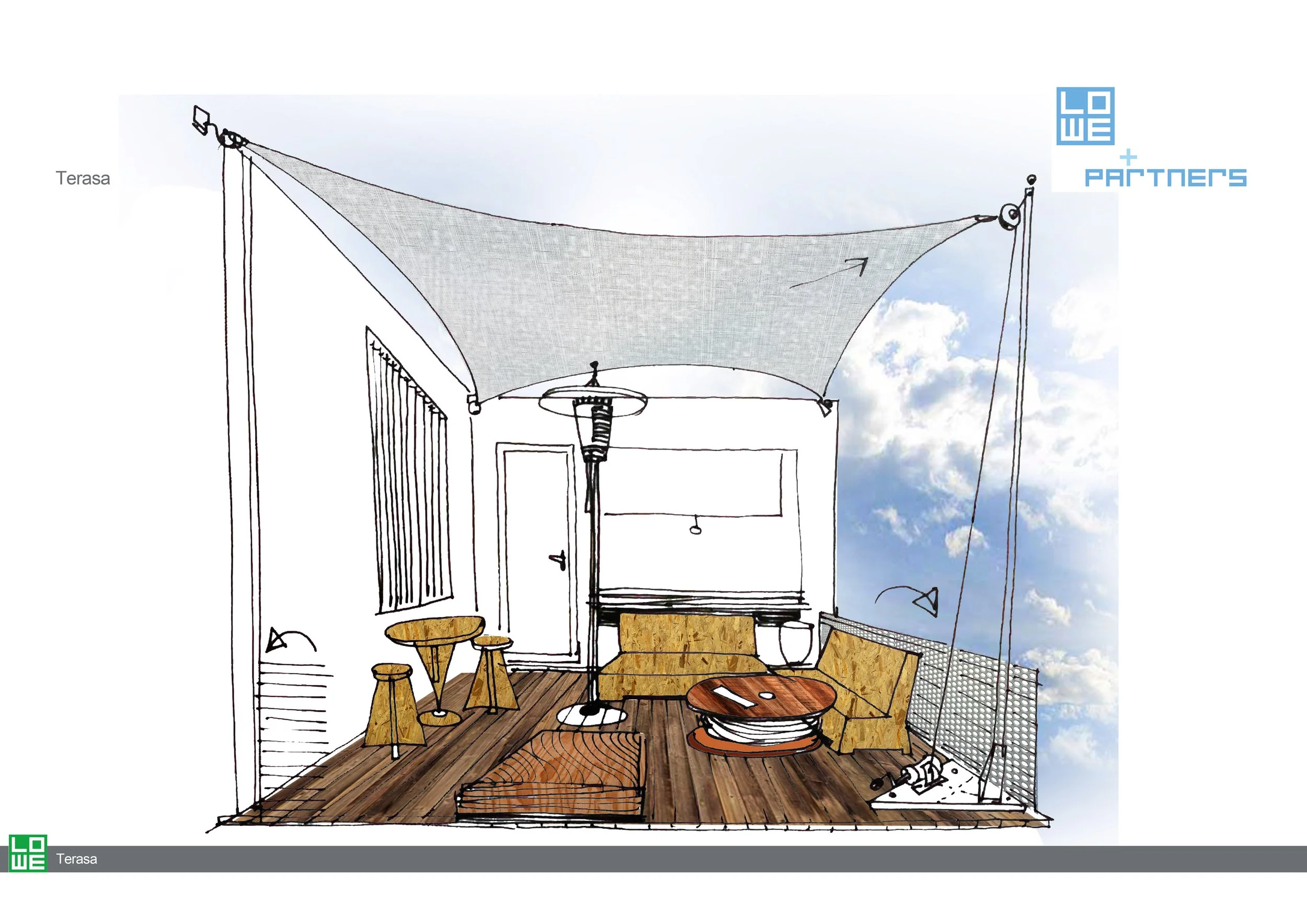 Illustration of a terrace with a partially drawn view of the sky, featuring a canopy, wooden furniture, a small table with stools, a lounge chair, a floor lamp, and a fence on one side.