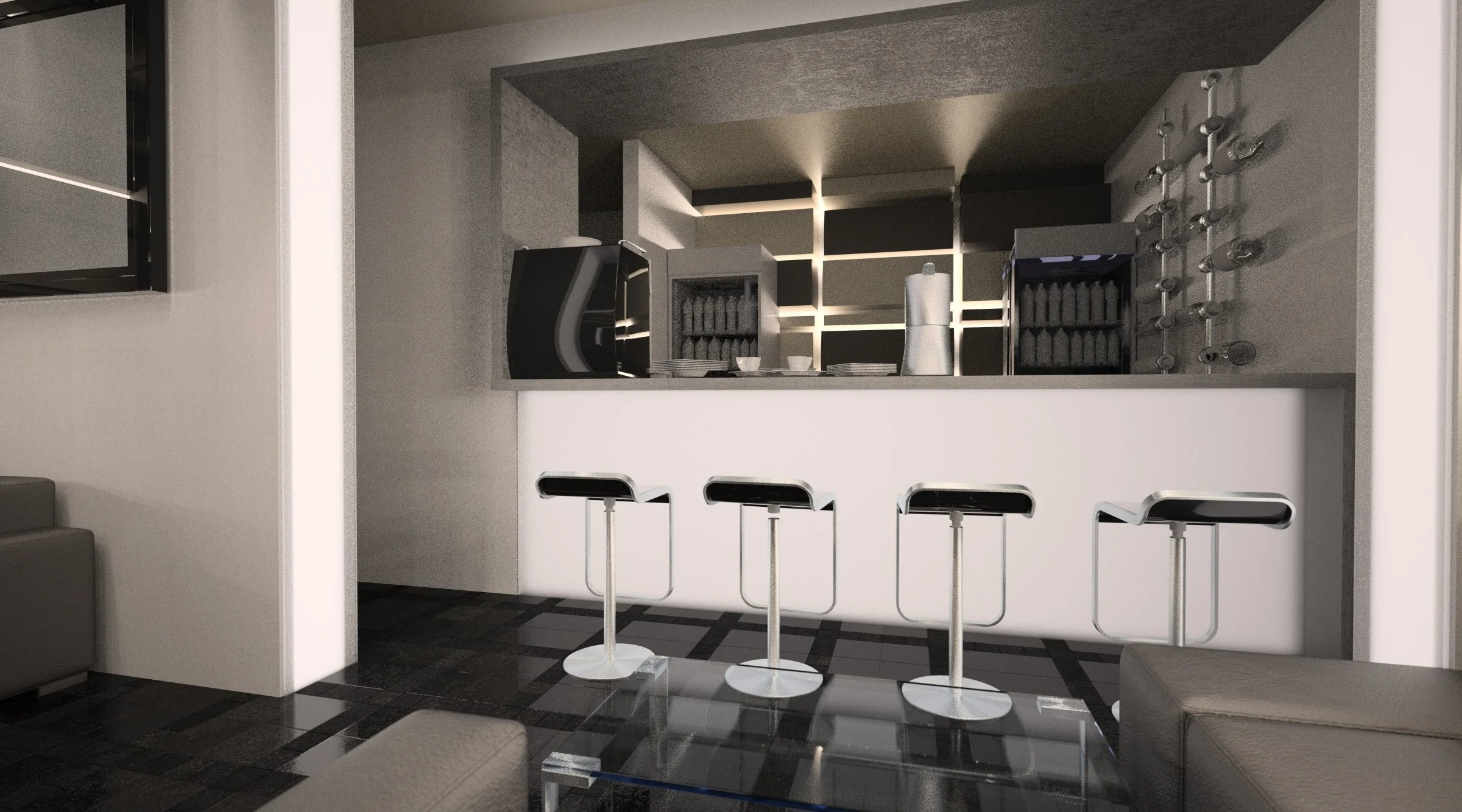 Modern bar with three high black and white stools, a white counter, and a coffee machine, bottles, and glasses on the shelves behind.