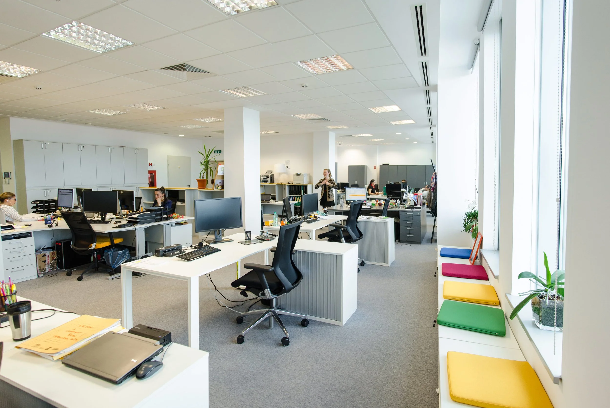 Open-plan office with multiple desks, computers, and office chairs. Several employees working, some on calls. Large windows along one wall with colorful seating cushions on a ledge and potted plants. Ceiling with fluorescent lighting.