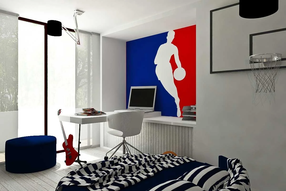 A modern bedroom with a desk, computer, white chair, bed with black and white striped bedding, and a basketball hoop mounted on the wall. A large mural of a woman dribbling a basketball is painted on the wall behind the desk.