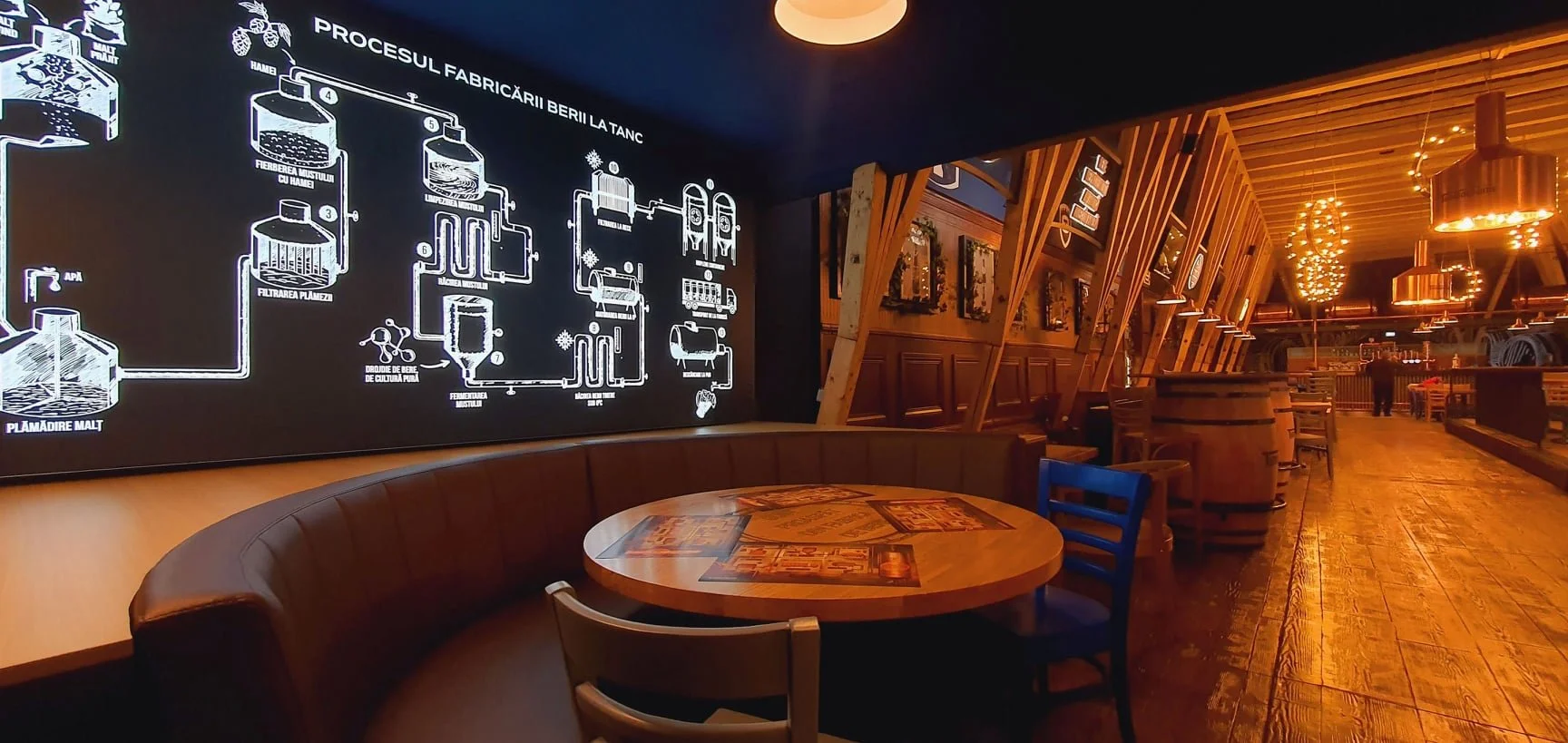 Interior of a restaurant with wooden accents, hanging lights, and a round booth with tables. A large blackboard with a white diagram explaining a brewing process is on the left wall.