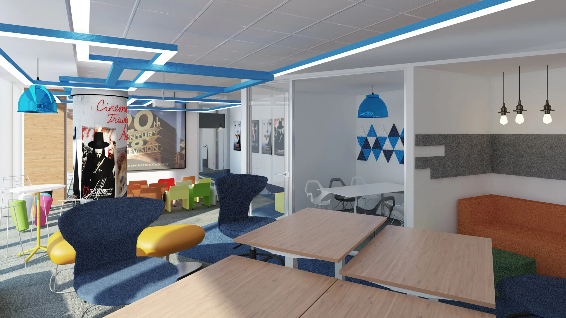 Modern lounge or community space with colorful chairs, tables, and wall decor.