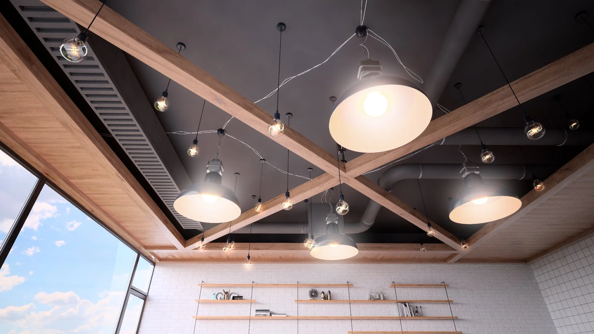 Interior of a modern room with large windows, a white brick wall, and wooden ceiling beams with hanging lights and exposed ducts.