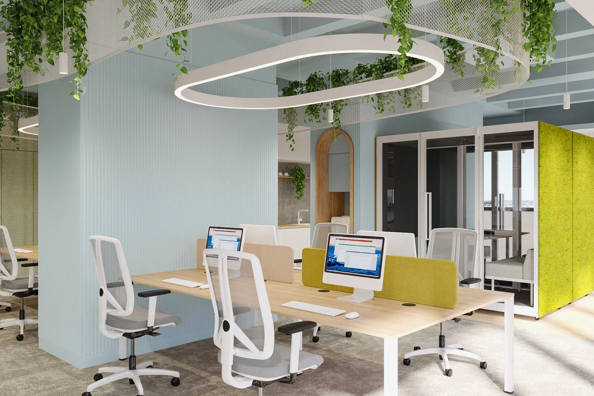 Modern open office space with white ergonomic chairs, desks with computers, and hanging circular light fixtures with greenery, large windows, and doorways leading to other rooms.