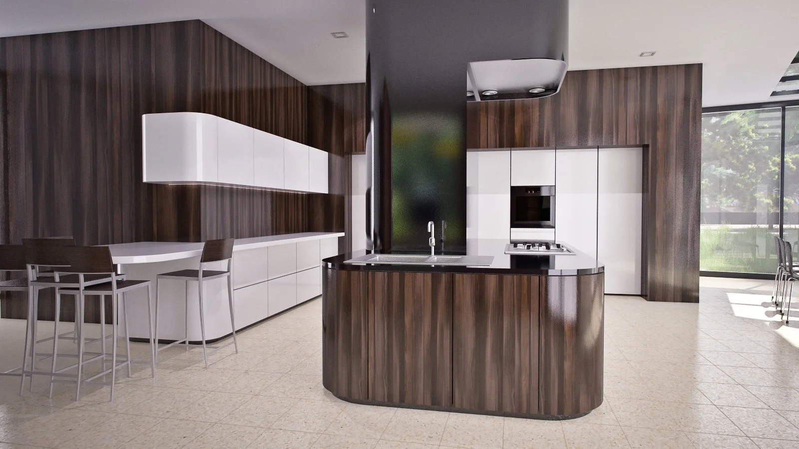 Modern kitchen with dark wood finishes, white cabinets, an island with a black countertop, a sink, and a built-in oven, accented by large windows.
