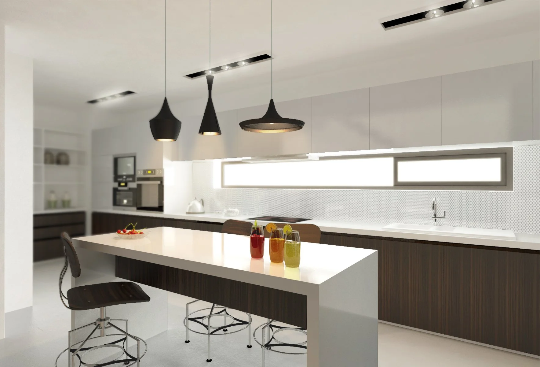 Modern kitchen with white island counter, wooden lower cabinets, black pendant lights, and three colorful drinks on the island.
