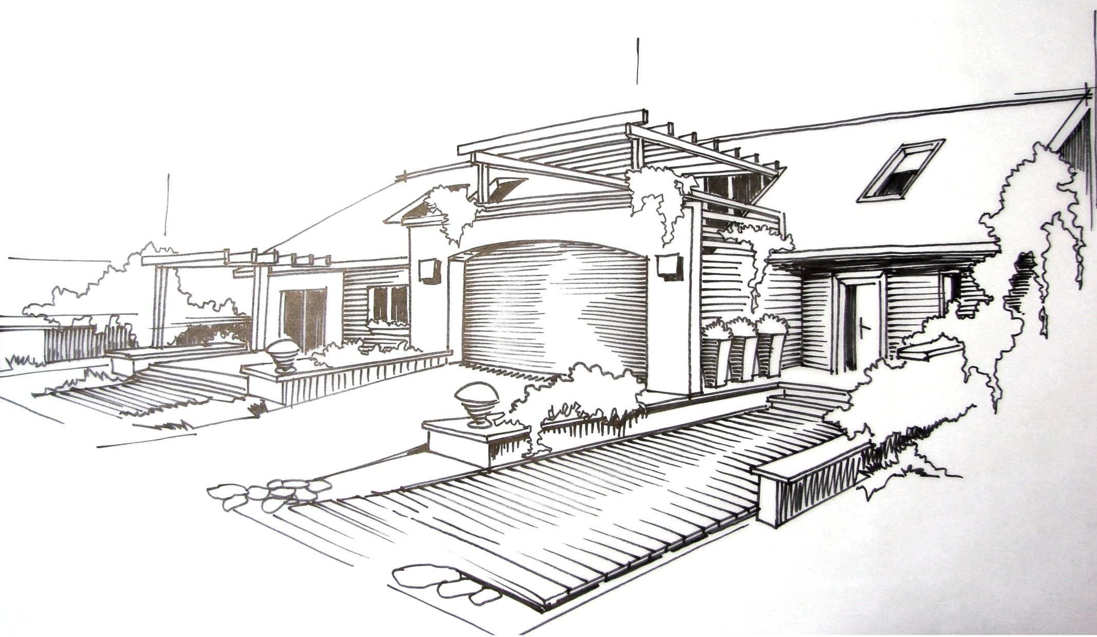 A line drawing of a modern house with a sloped roof, garage, large windows, a porch, and surrounding landscaping including shrubs, planters, and a wooden path.