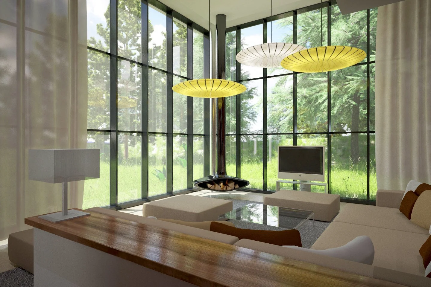 Modern living room with large glass windows, a fireplace, a flat-screen TV, a beige sectional sofa with brown pillows, and three large paper lantern pendant lights hanging from the ceiling.