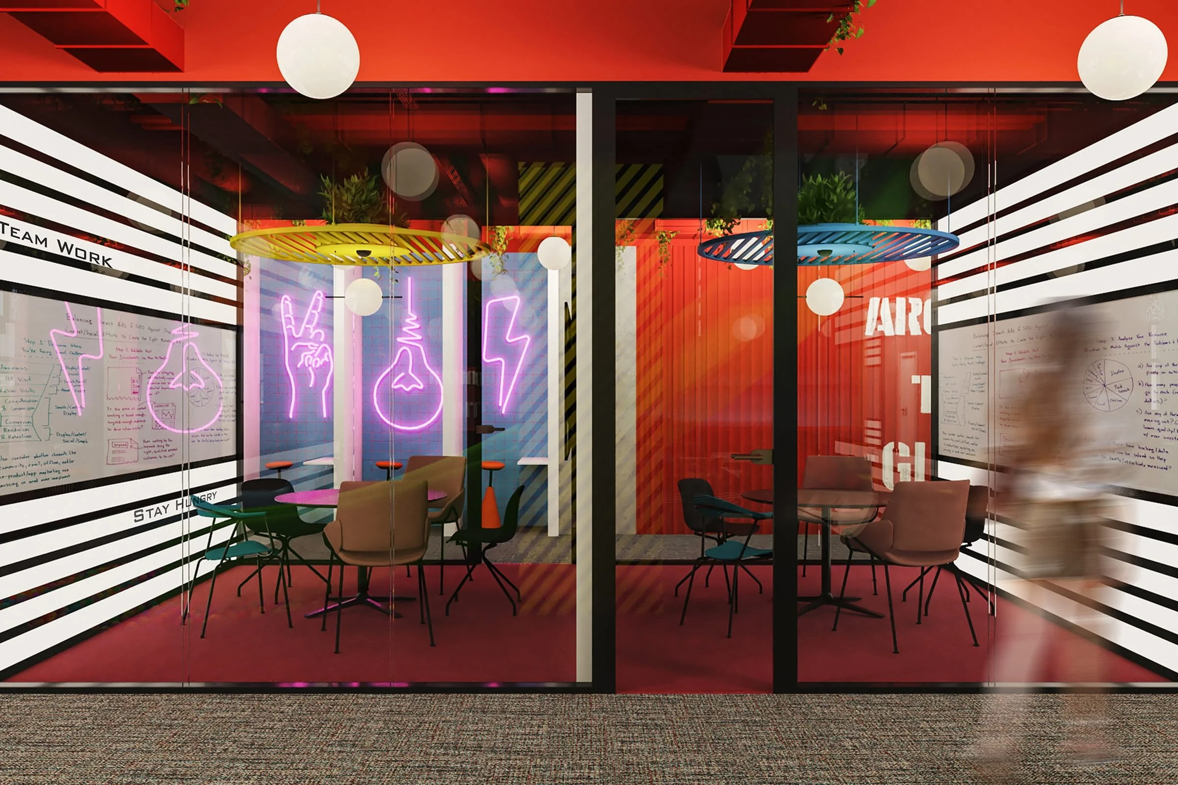 Modern office space with glass walls, black and white striped walls, and neon signs with symbols of a bolt, heart, light bulb, and lightning bolt. There are round tables with chairs and potted plants along with decorative hanging elements.