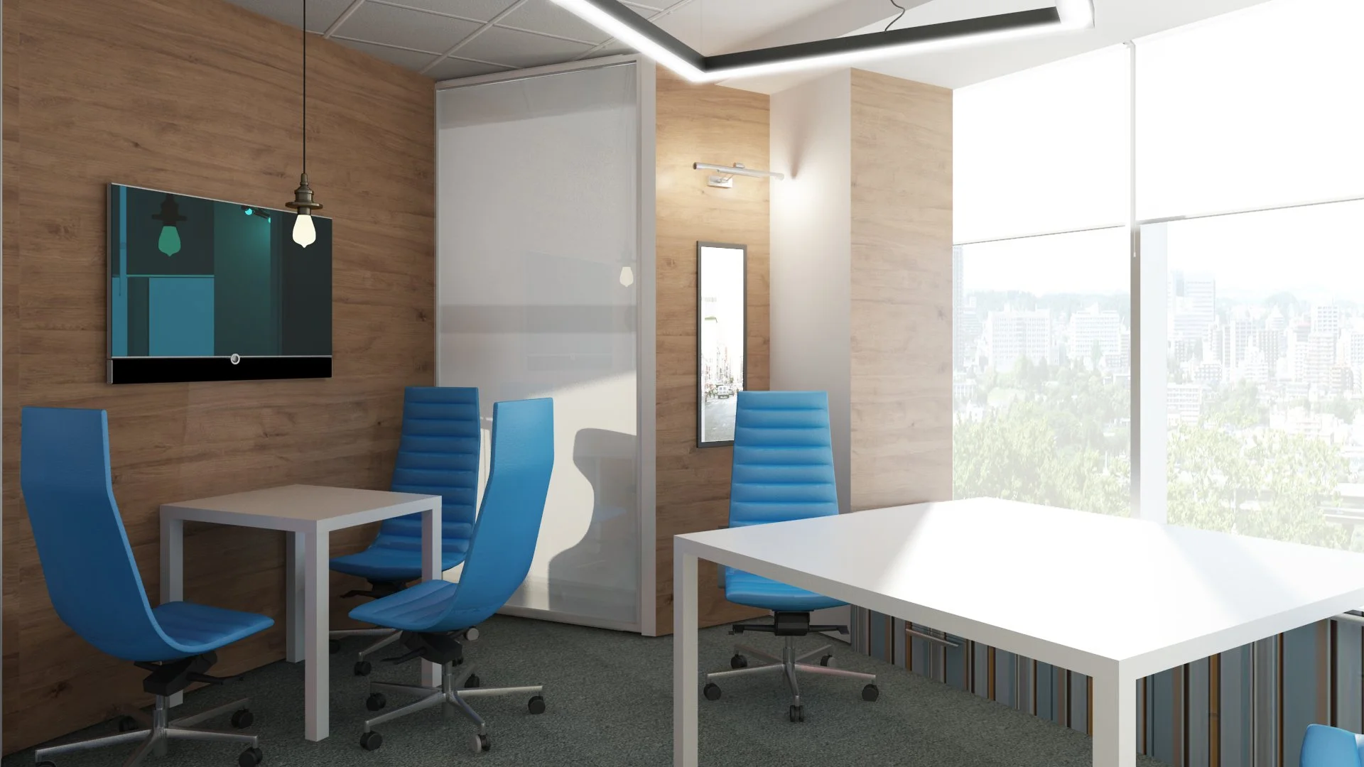 Modern conference room with white tables, blue chairs, wood-paneled walls, large window with city view, flat-screen TV, mirror, and minimalistic lighting.