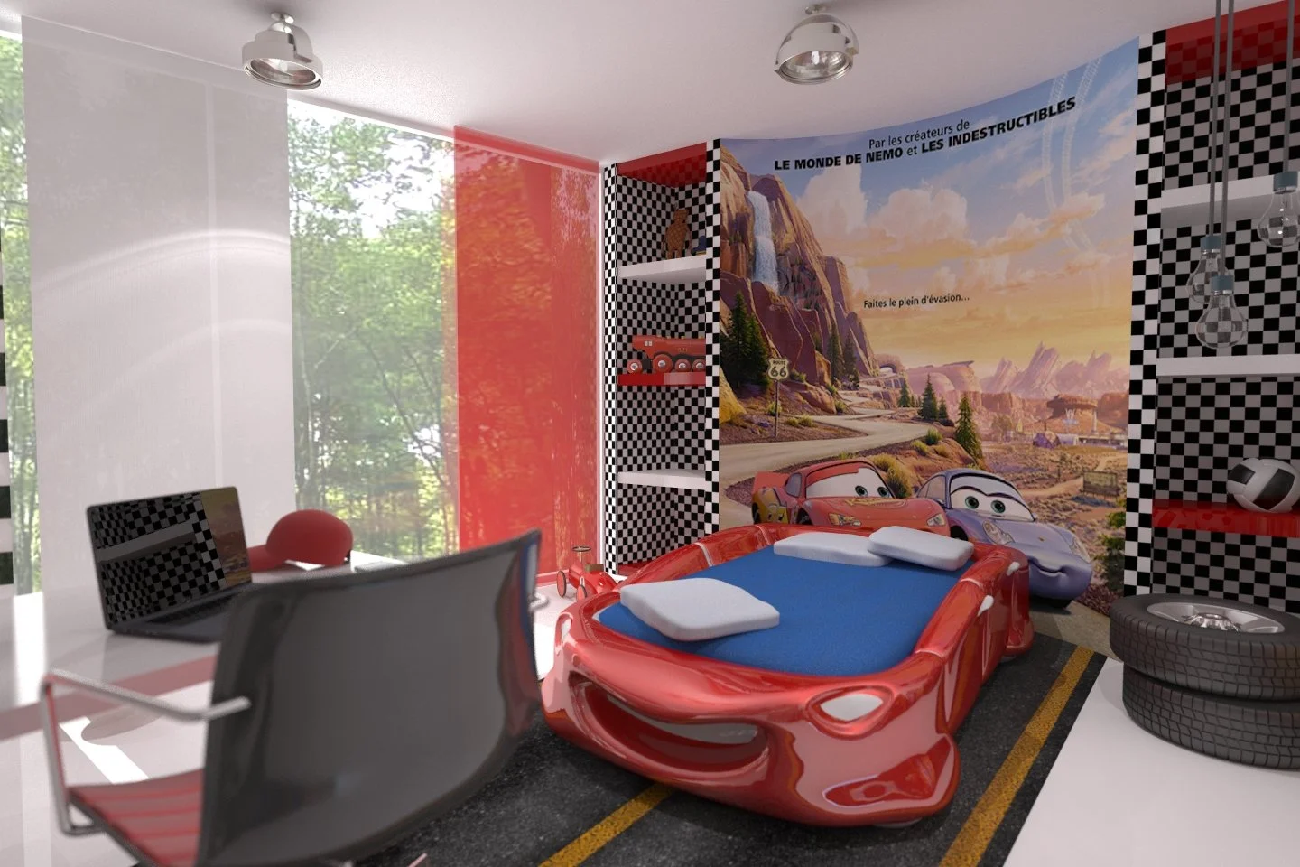 A children's bedroom decorated with a Cars movie theme. The bed is designed to look like a race car, with a blue mattress and pillows. The wall features a large mural of characters Lightning McQueen and Sally from Cars, set in a desert landscape. Shelves with toy cars and checkered pattern wallpaper are present, with tires as decoration, and a desk with a laptop and a red ball chair.
