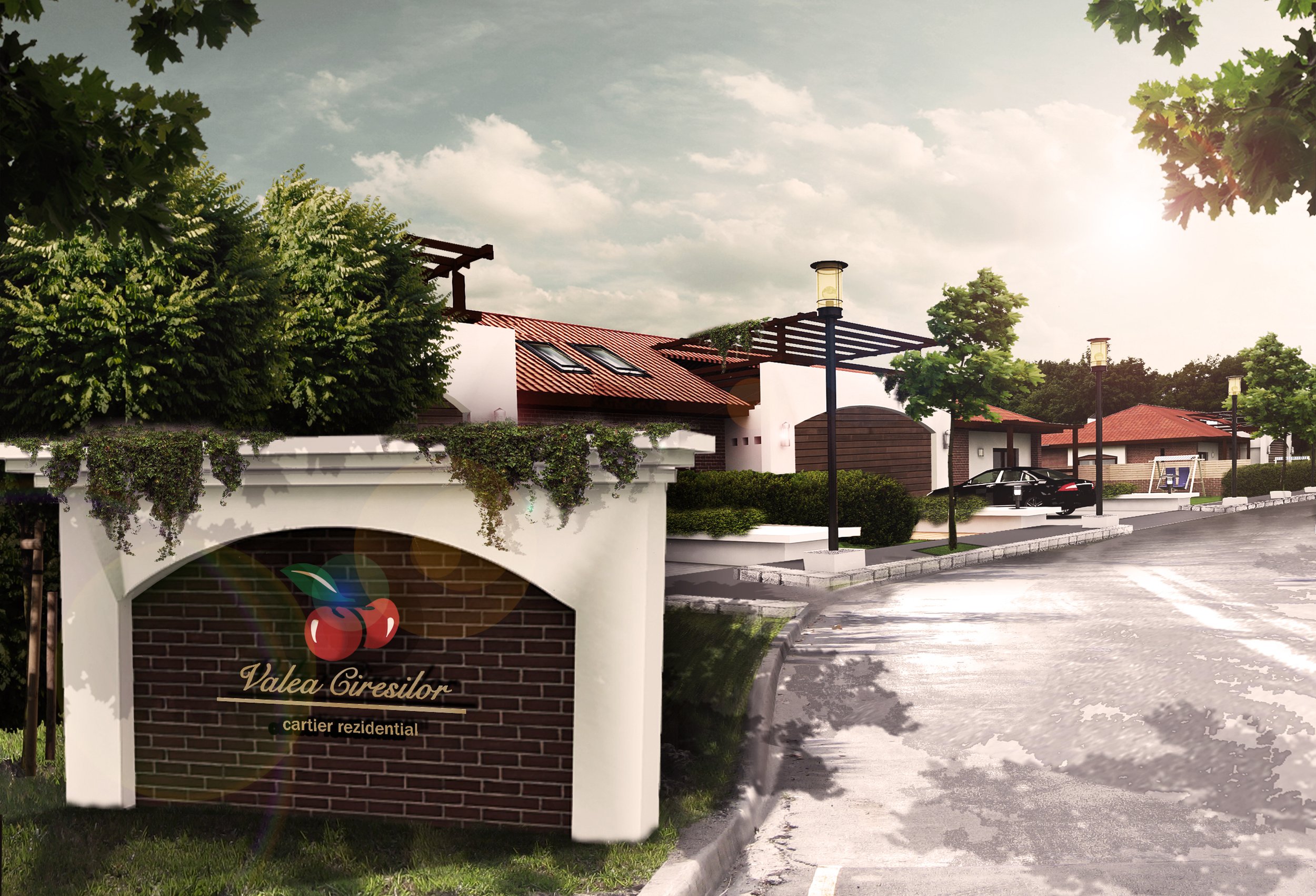 Residential neighborhood entrance with a sign that reads 'Valea Ciresilor, cartier rezidential,' under a tree-lined street with modern houses, street lamps, and parked cars, during daytime.