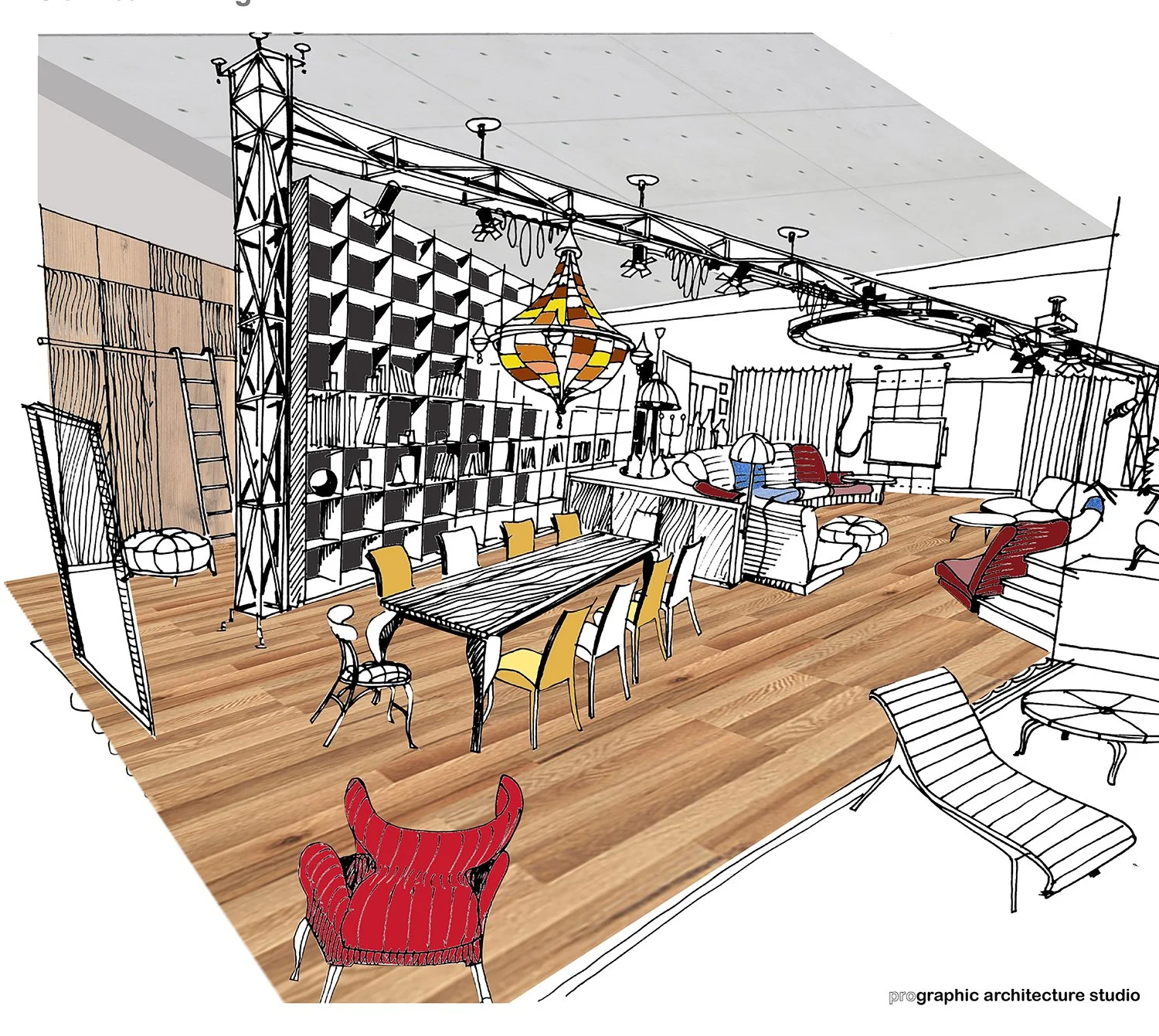 Interior design sketch of a living and dining room area with furniture, lamps, and a decorative wall, partially rendered with a combination of illustrations and realistic flooring.