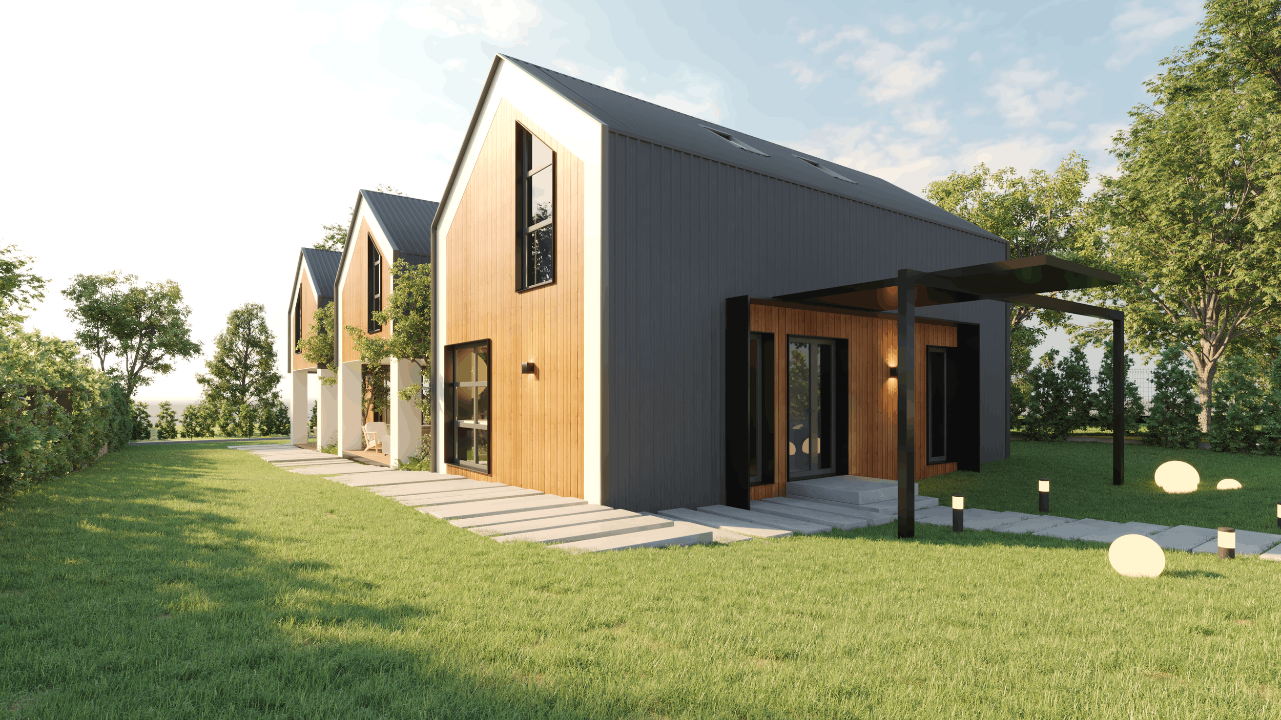 Modern row of houses with wooden and black exterior, large windows, small front porch, surrounded by green lawn, trees, and decorative outdoor lights, under a partly cloudy sky.