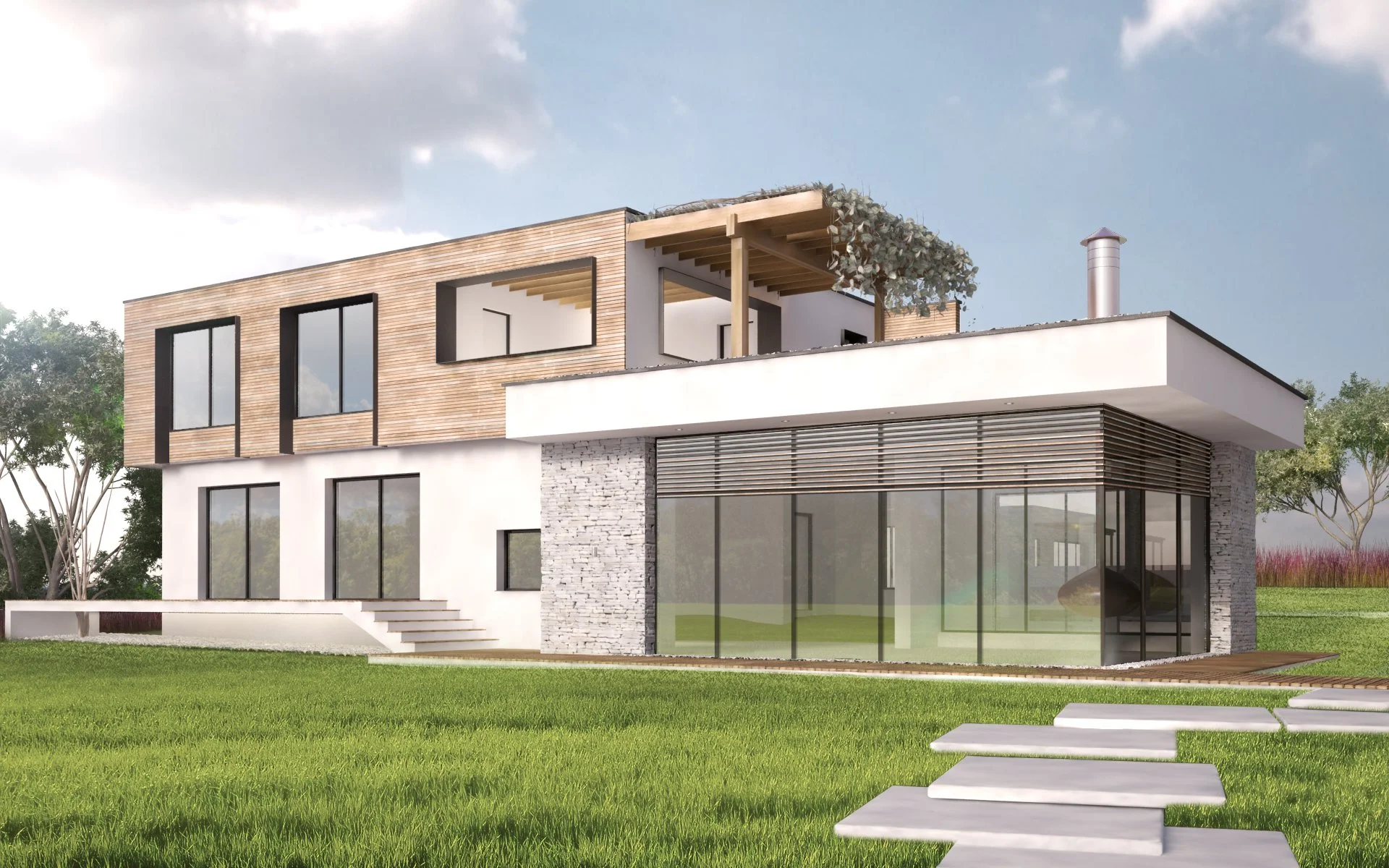 Modern multi-story house with large glass windows, a mix of white walls, brick, and wood paneling, and a landscaped lawn with stepping stones.