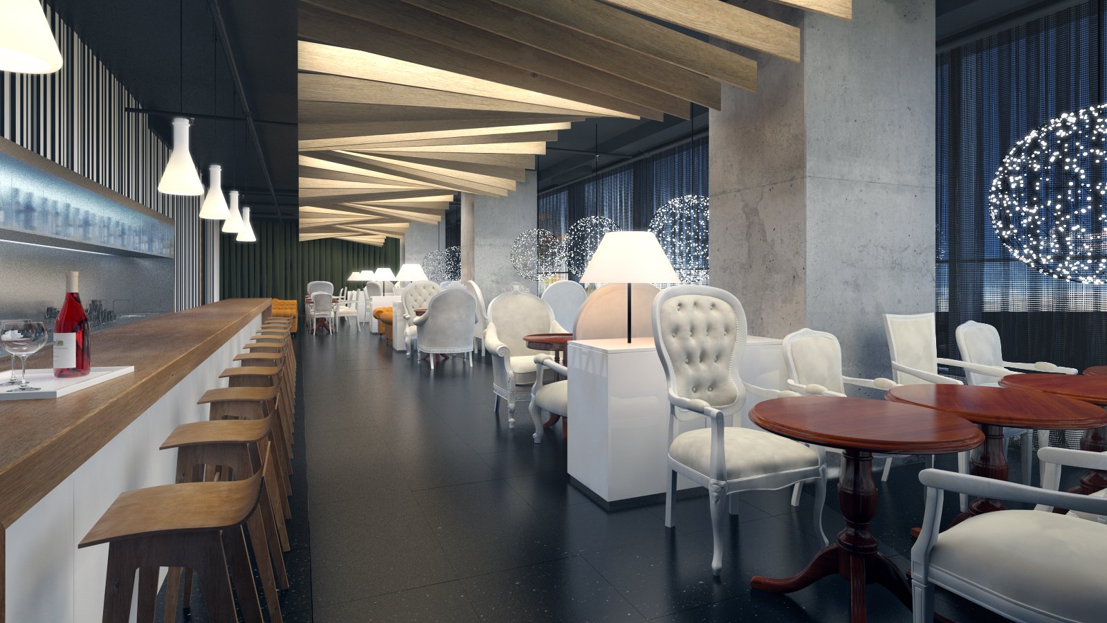 Interior of a modern restaurant with a bar area on the left, high wooden stools, white plush chairs, and small wooden tables. There are contemporary hanging lights and spherical decorative lighting fixtures on the windows. The design features wood, concrete, and large glass windows with vertical blinds.