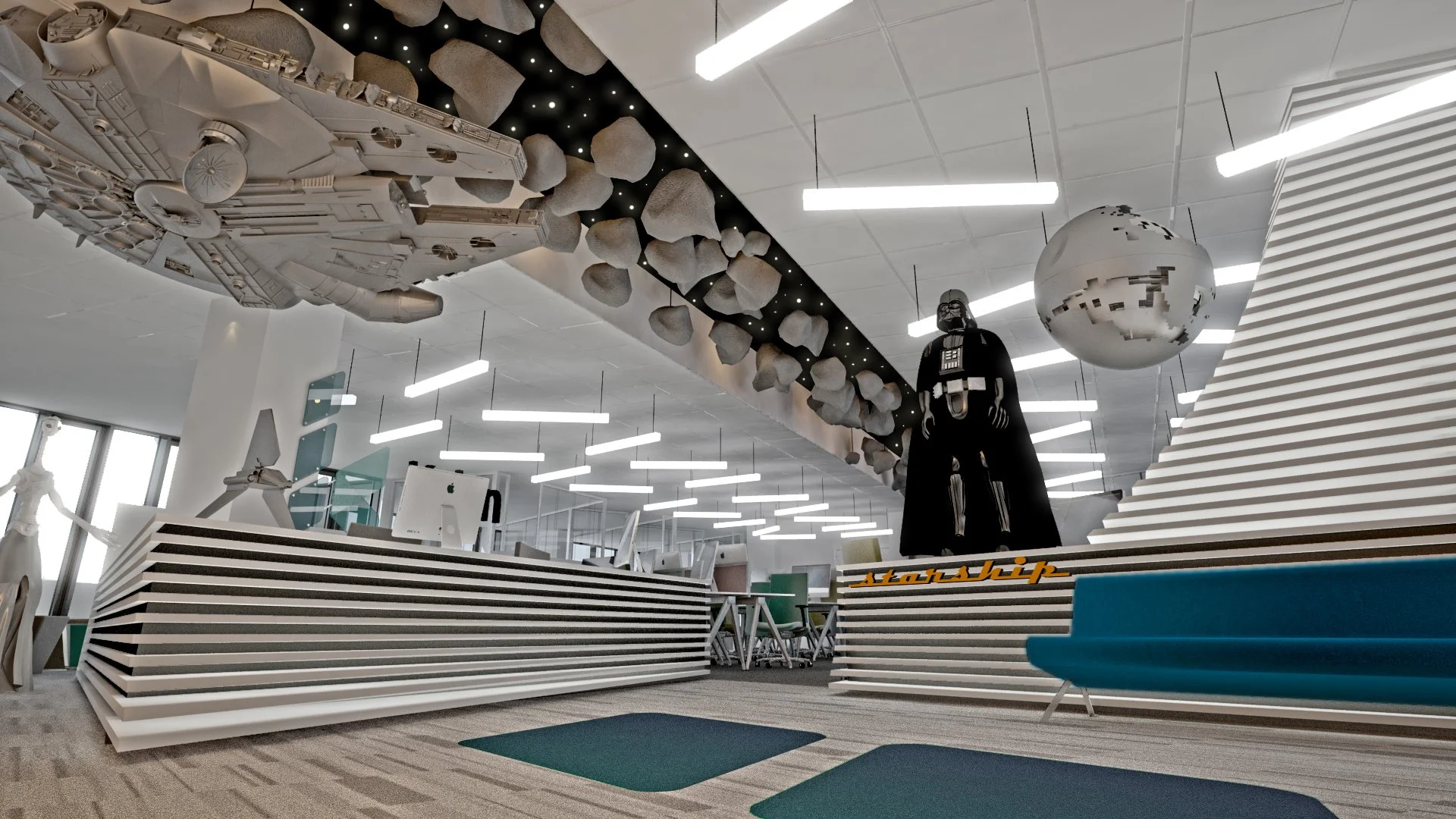 Office space decorated with Star Wars theme, featuring a Darth Vader statue, a Millennium Falcon model hanging from the ceiling, and a globe with a space pattern.