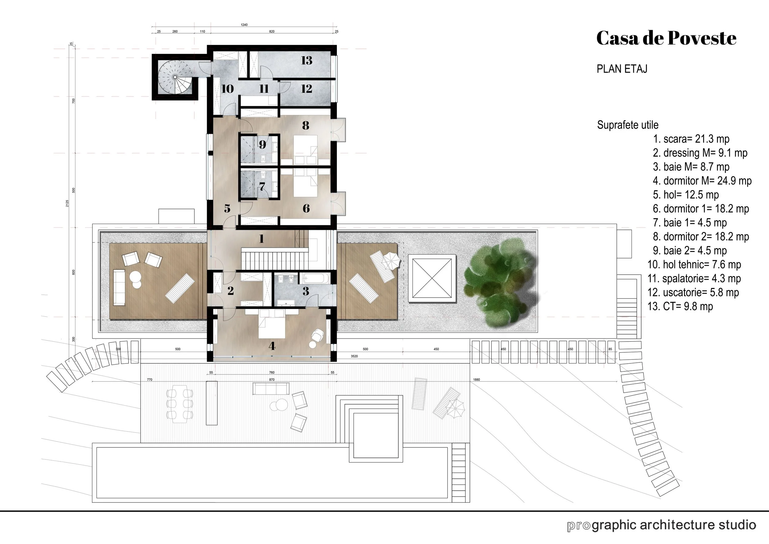 Architectural floor plan of a house labeled Casa de Poveste, showing rooms, outdoor areas, and measurements, with a key to room labels.