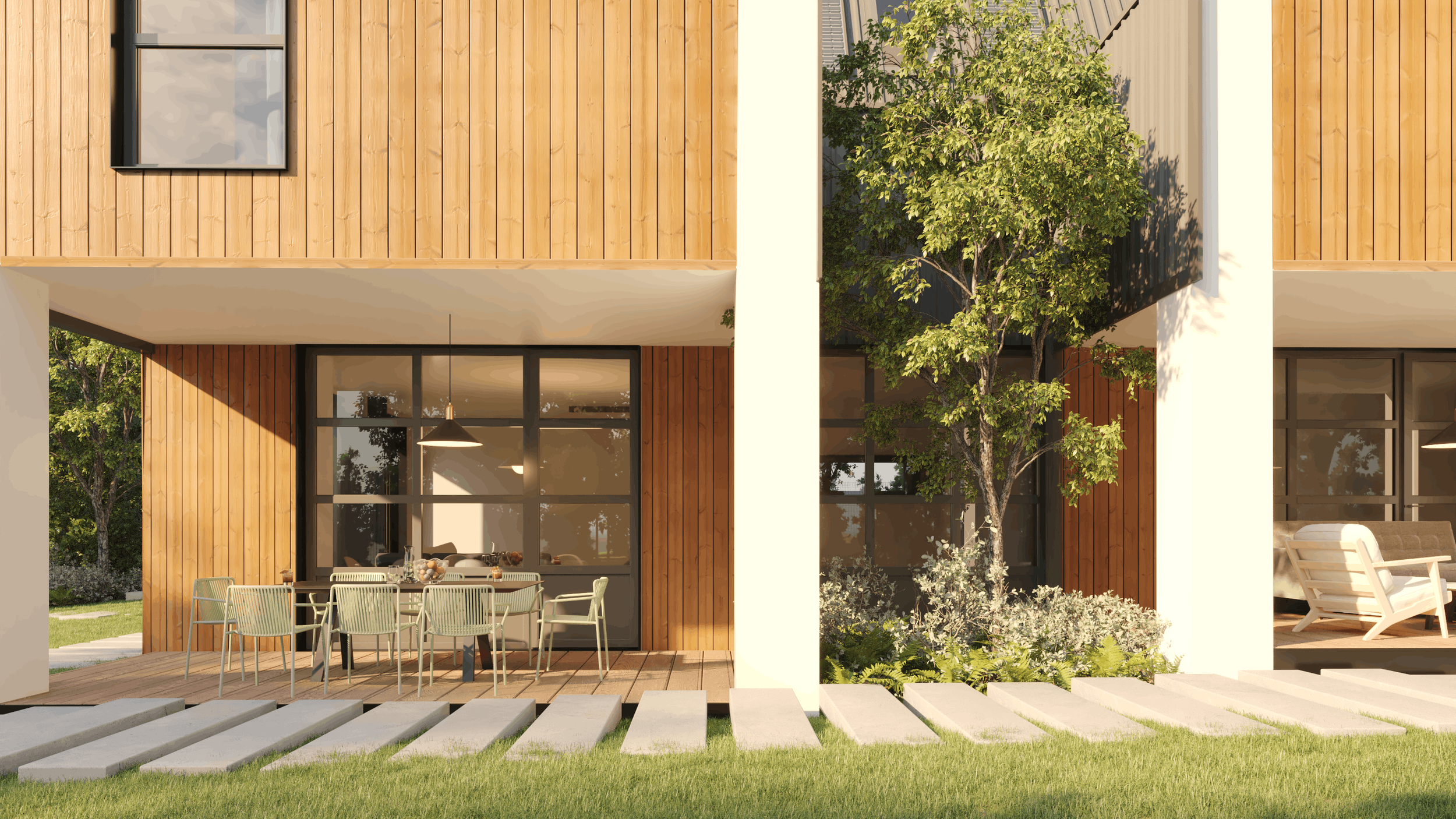 Modern house with wooden exterior and patio area, outdoor dining set, and a small garden with trees and shrubs.