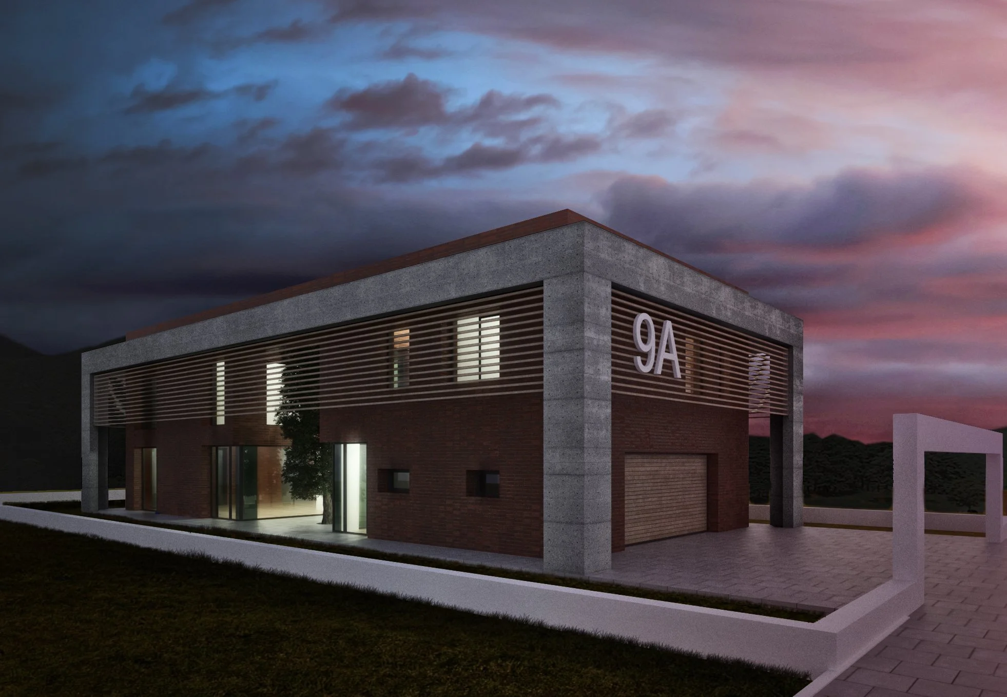 Modern two-story house with concrete and brick exterior, illuminated interior, and large windows, at dusk with a cloudy sky.