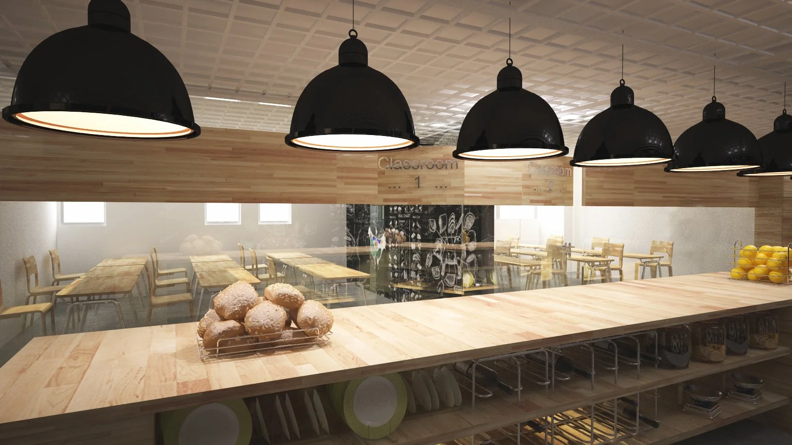 Interior of a school cafeteria with a wooden counter, black pendant lights, tables, and chairs in the background.