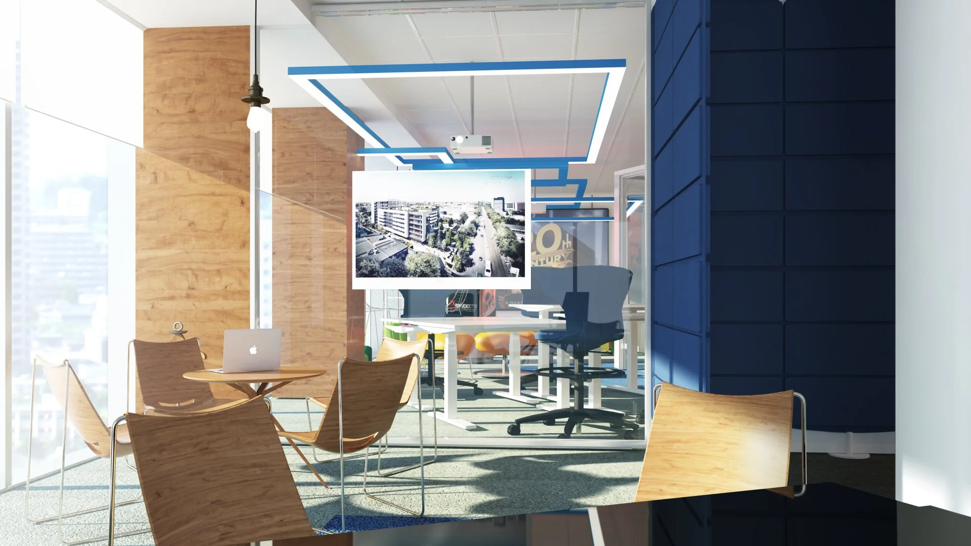 Modern office meeting room with glass walls and wooden accents, featuring a projection screen showing an aerial view of city buildings, seating area with wooden chairs and a small round table with a laptop.