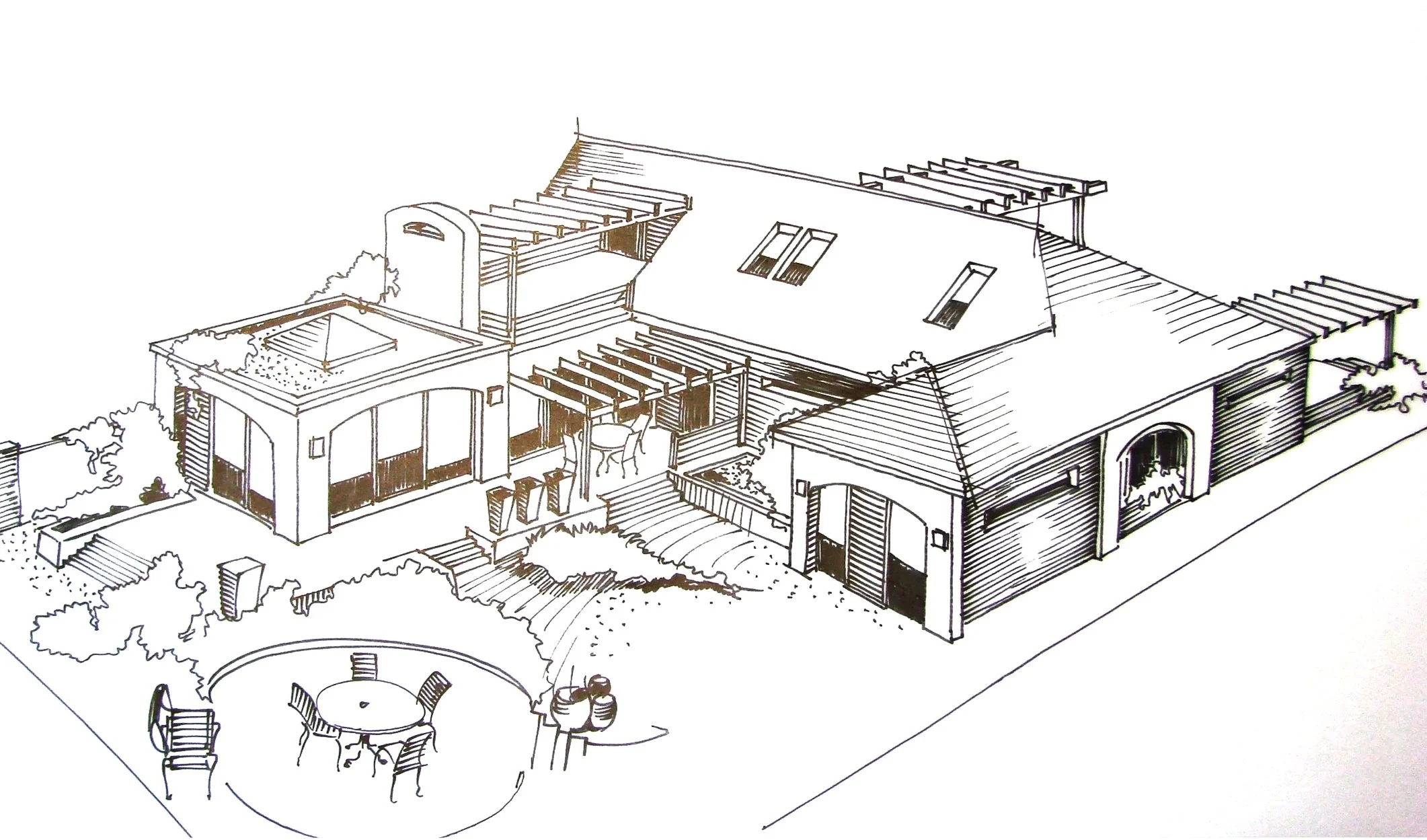 Line drawing of a modern house with outdoor patio and garden, including seating and stairs.