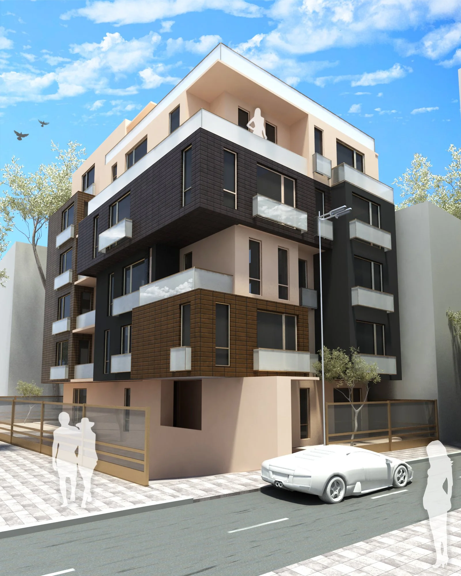 Modern multi-story apartment building with balconies, a luxury sports car parked outside, people walking, and a bright blue sky with clouds and birds.