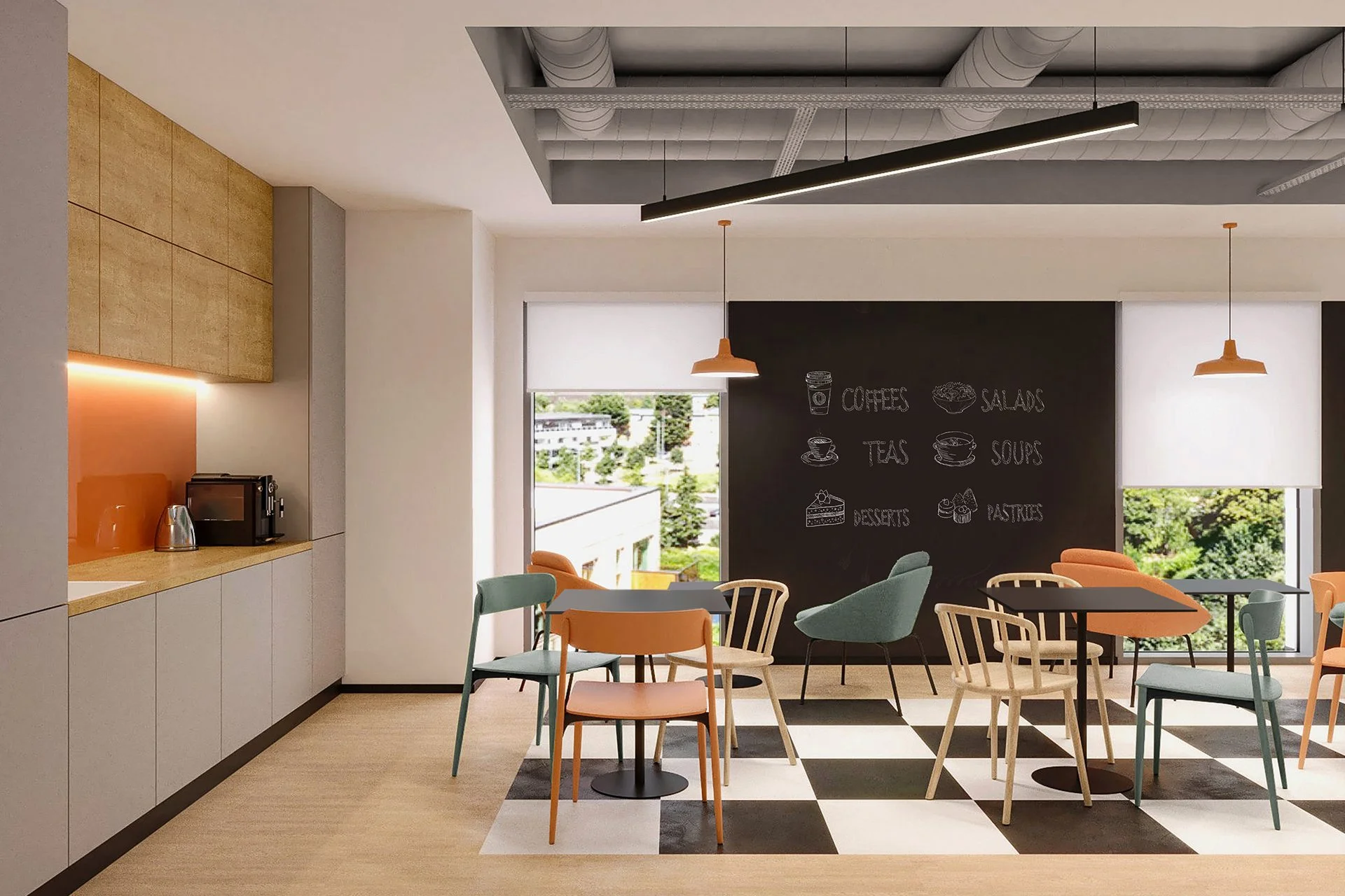 Modern cafe interior with colorful chairs, tables, large windows, and a black chalkboard menu.