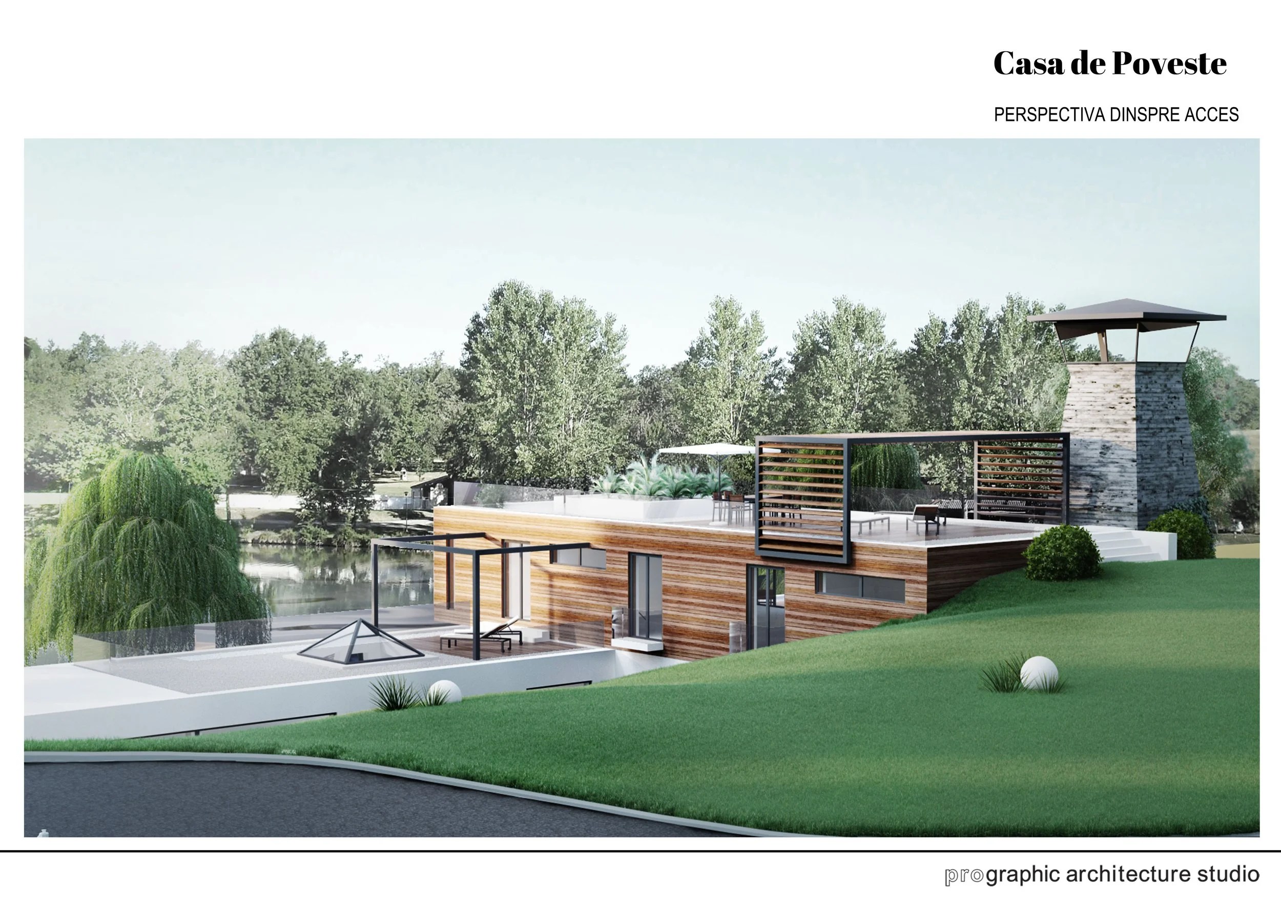Architectural rendering of a modern house with a flat roof, wooden exterior walls, large windows, a rooftop terrace with seating, a smaller lower terrace, a pond, green lawn, and surrounding trees.
