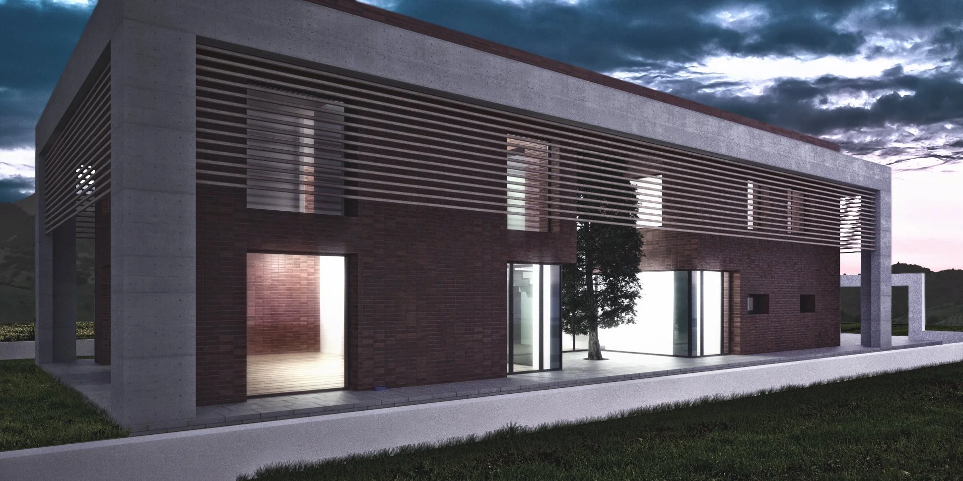 Modern two-story building with large glass windows, brick and concrete exterior, and lamella sunshade elements at dusk.