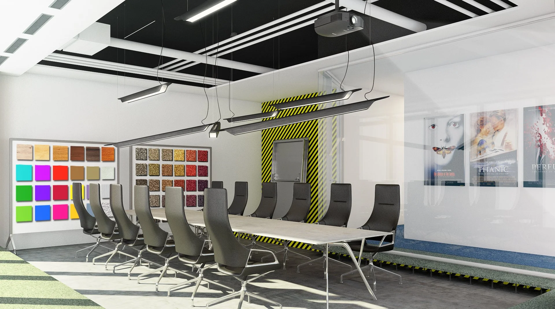 Modern conference room with a long table surrounded by black office chairs. The room has a display of colorful fabric samples on the left wall and movie posters on the right wall. There are contemporary light fixtures hanging from the ceiling.