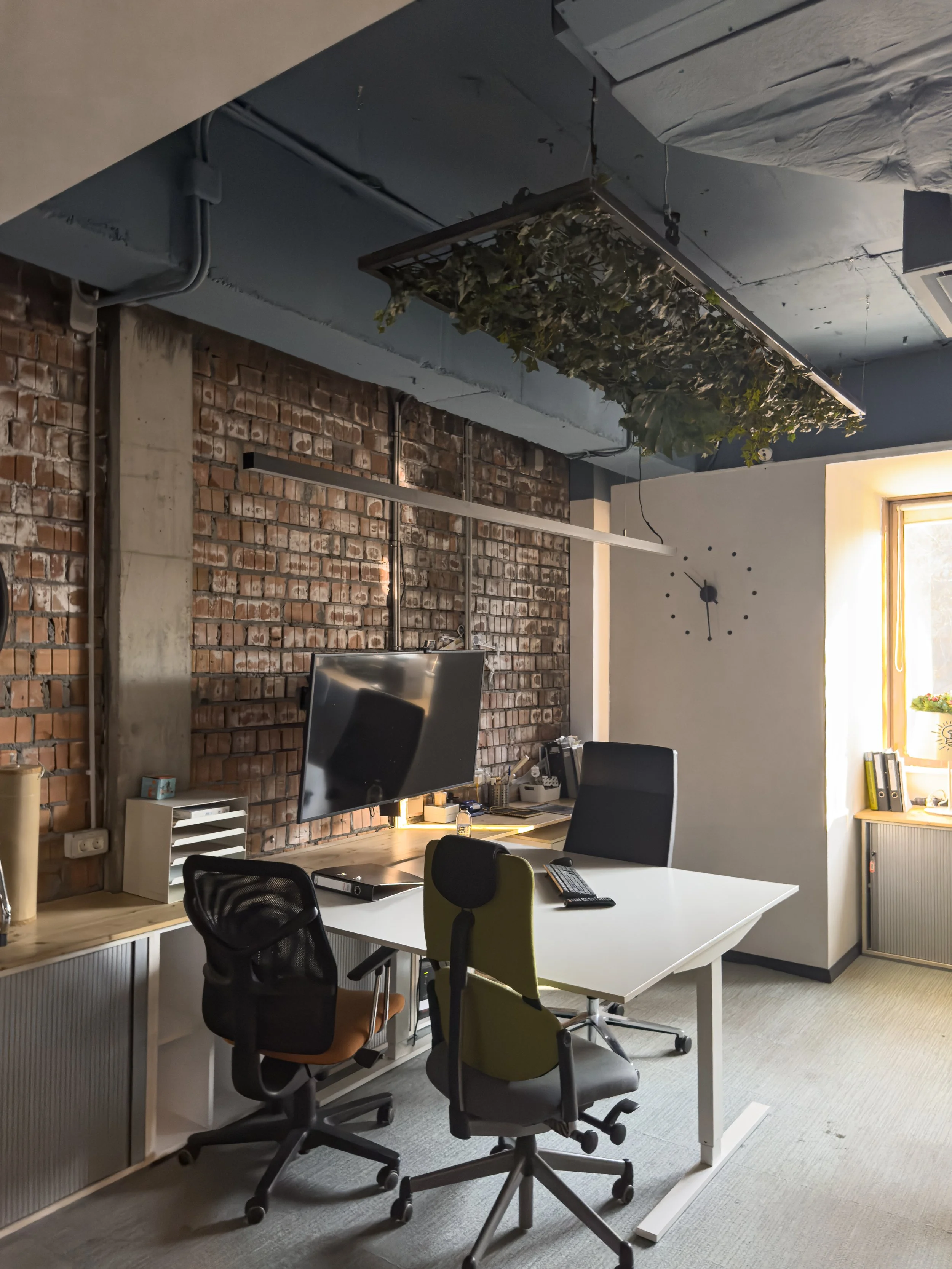 Office workspace with a white desk, three swivel chairs, a large wall-mounted monitor, exposed brick wall, a wall clock, window letting in natural light, and ceiling decor with hanging greenery.
