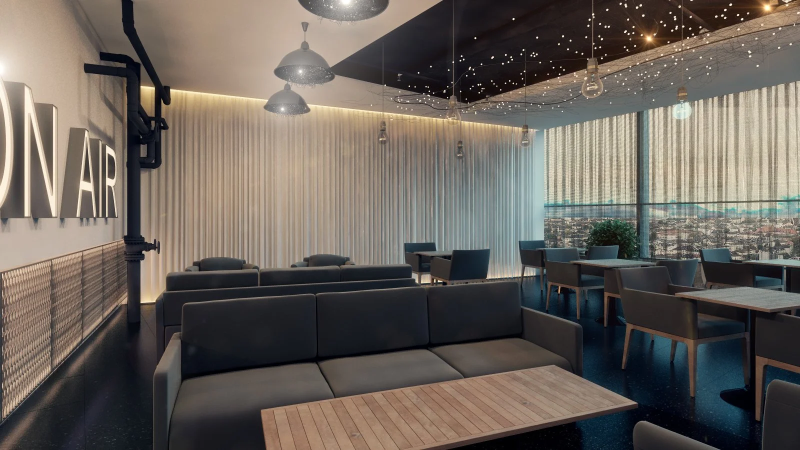 Modern lounge area with sofas, dining tables, and chairs, large windows with city view, decorative lighting including string lights and pendant lamps, and a wall with illuminated signage.