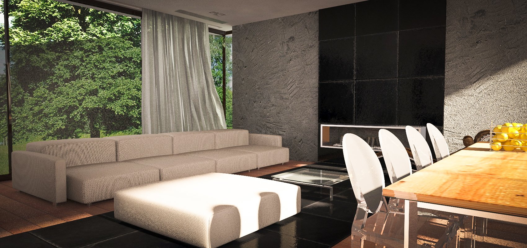 Modern living room with large window showcasing green trees, beige sofa, black textured wall, glass coffee table, and a wooden dining table with white chairs.