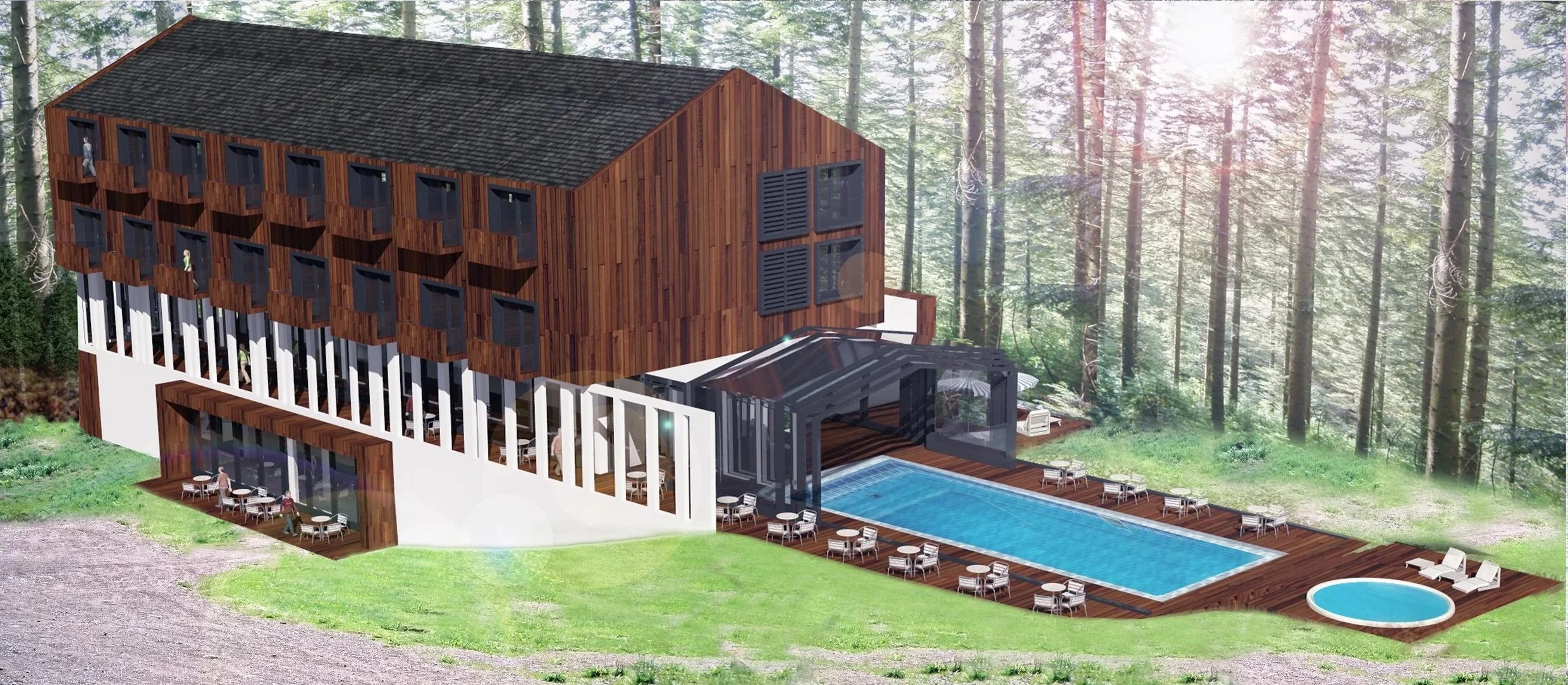 Luxury modern building with a pool and hot tub in a forest setting, outdoor seating, and a wooden deck.