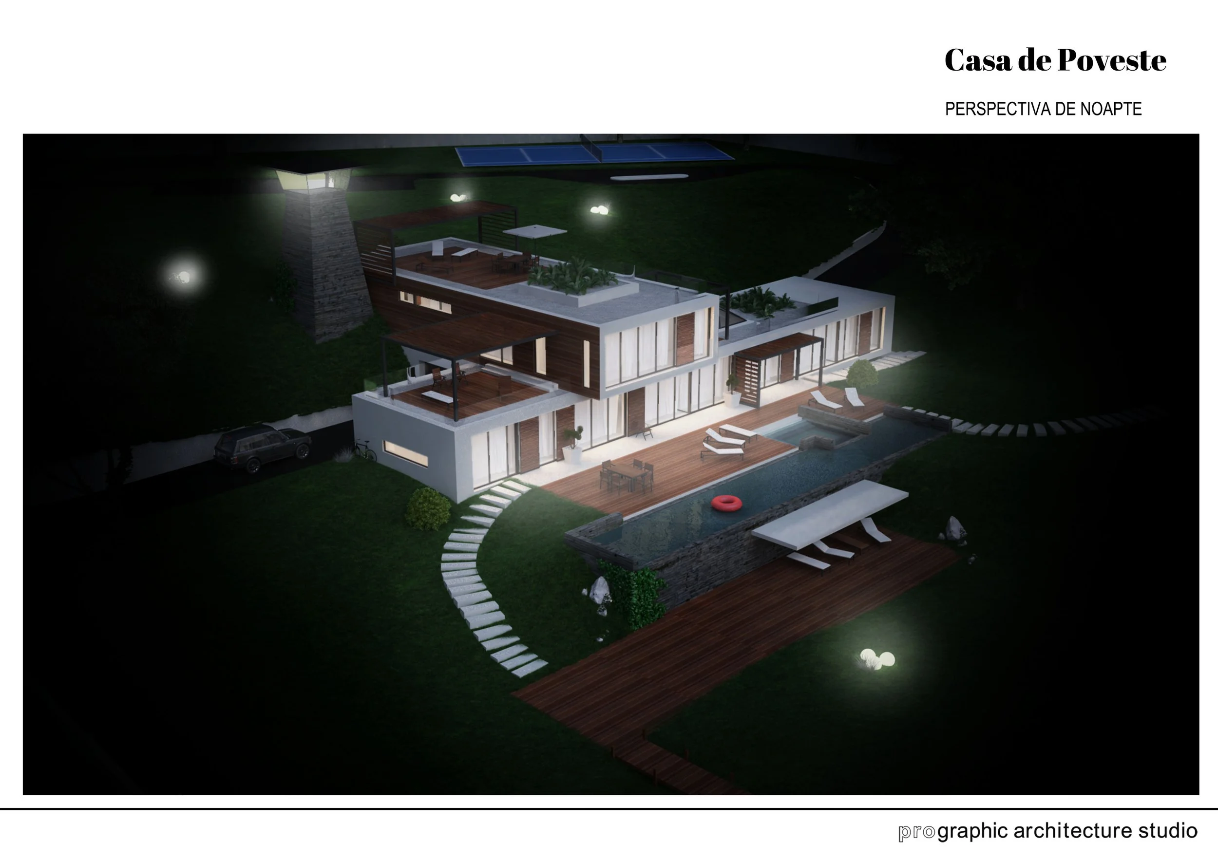 Nighttime aerial view of a modern two-story house with outdoor terraces, pool, and landscaped yard illuminated by outdoor lights.