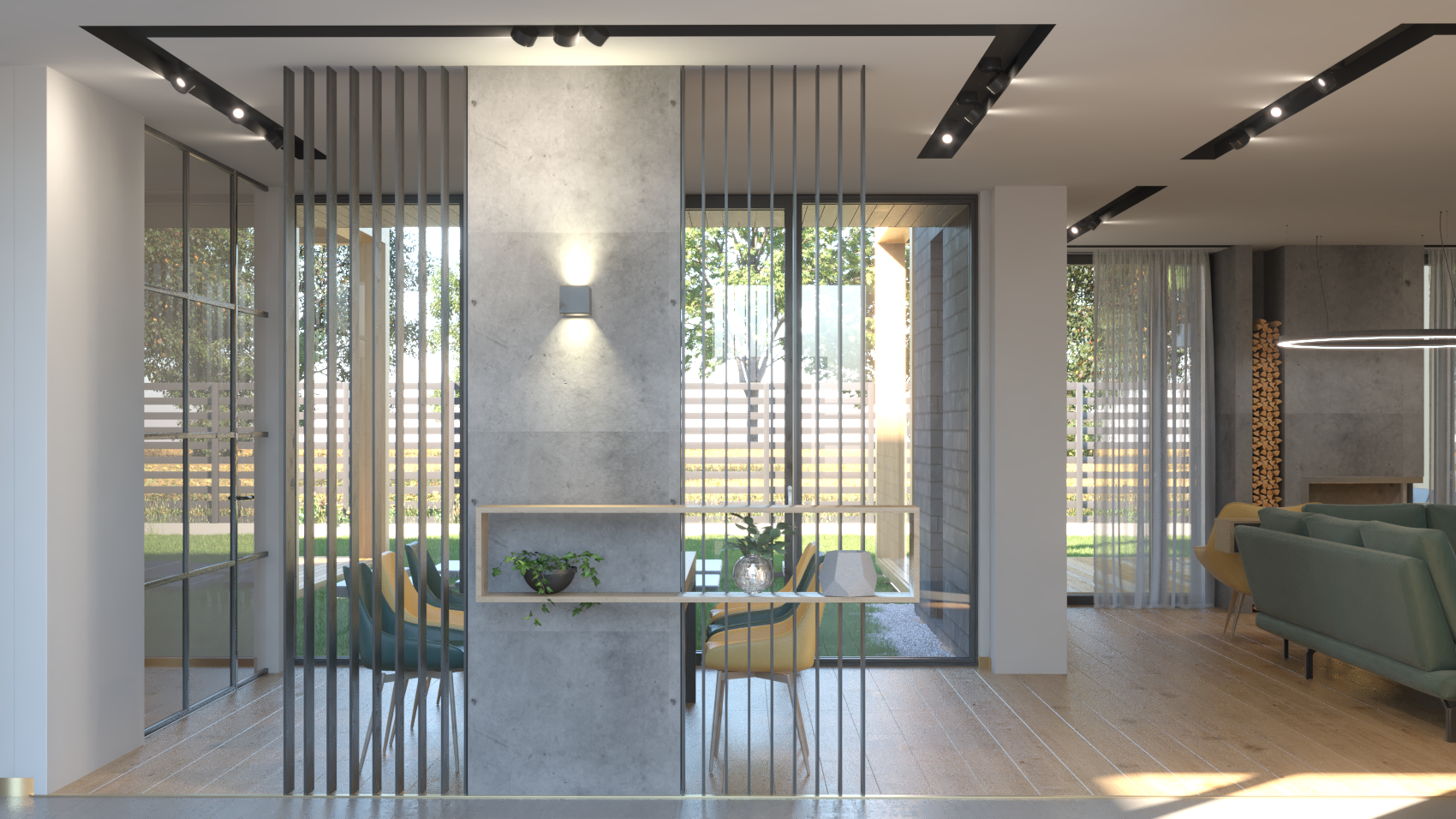 Modern open-plan living room with wooden flooring, large windows, a concrete wall with a light fixture, and a decorative partition with plants and vases. Visible outdoor garden.