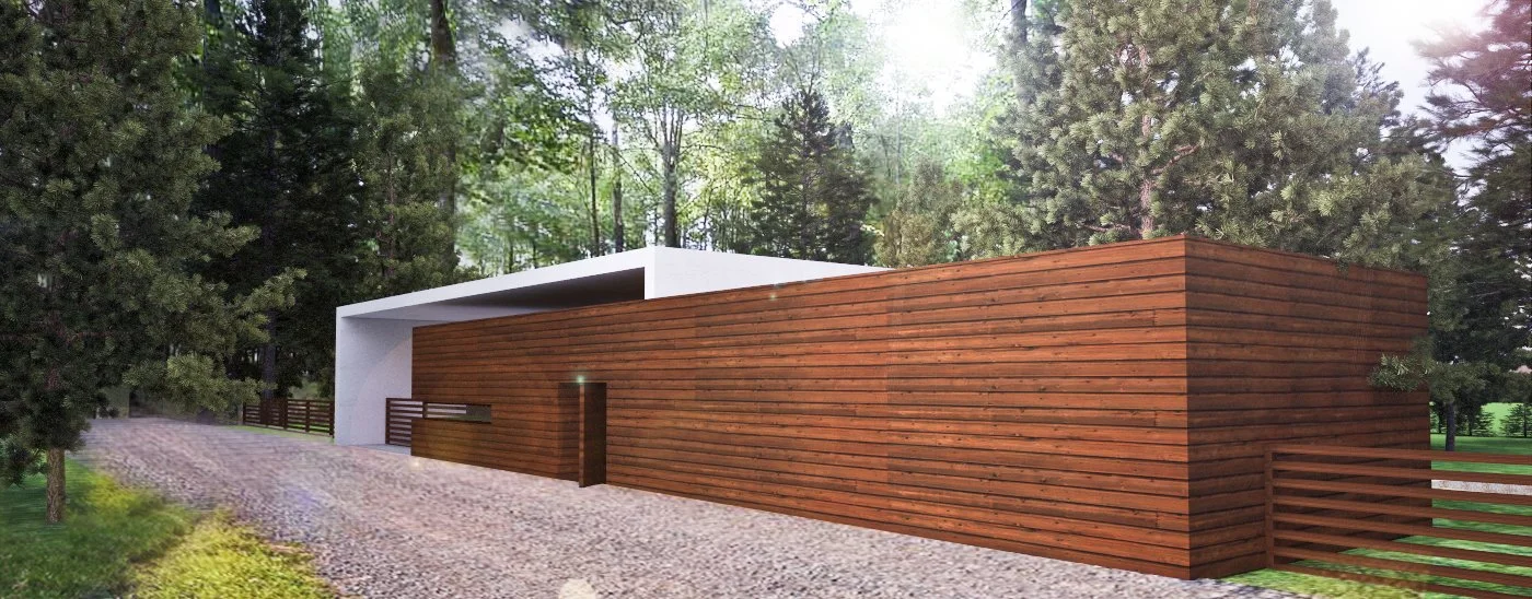 Modern house with wooden exterior wall and white overhang, surrounded by trees, with a gravel driveway in front.