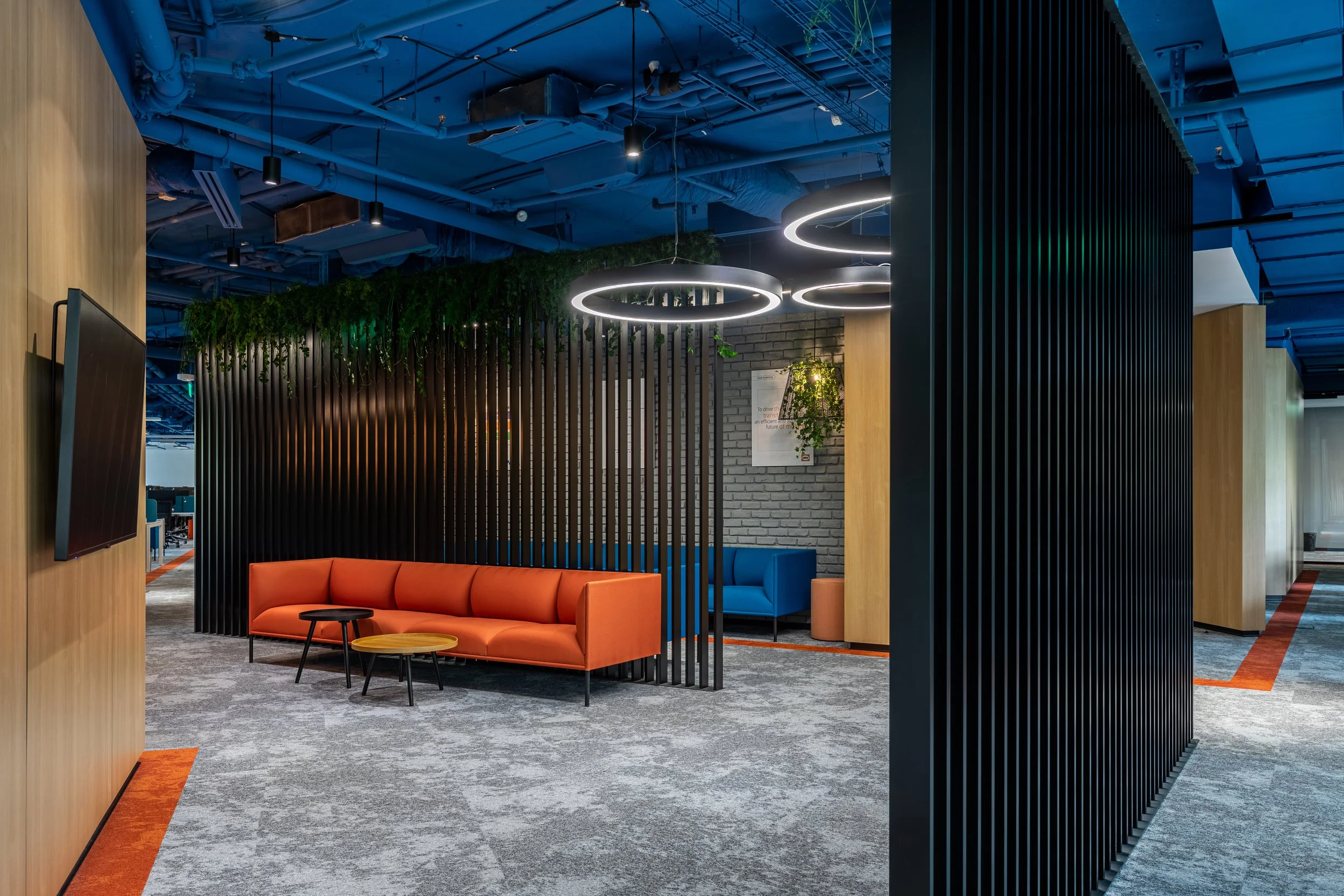 Modern office lounge with orange couch, black slatted divider, wall-mounted TV, hanging circular LED lights, green plants, and a blue couch in the background, with gray carpet and exposed ceiling pipes.