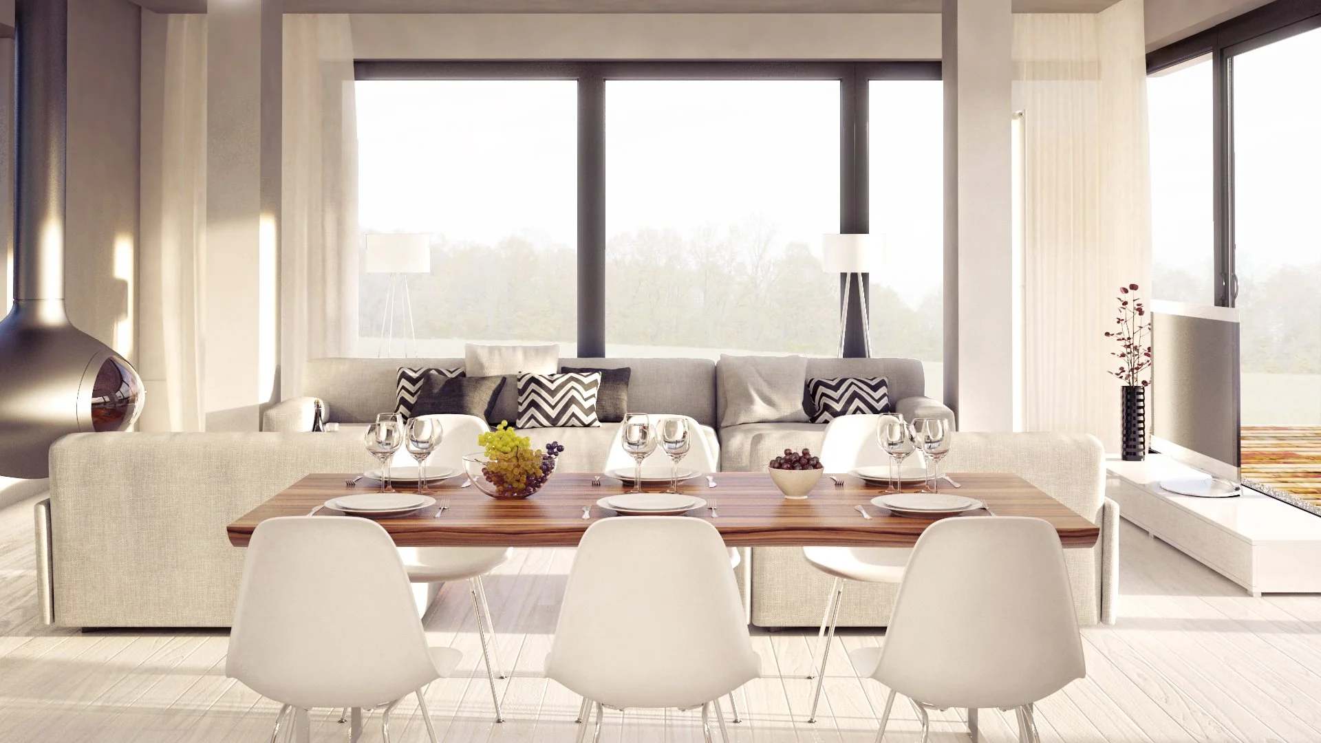 Modern living room with a dining table set for six, a beige sofa with patterned pillows, large windows, a fireplace, and minimalistic decor.