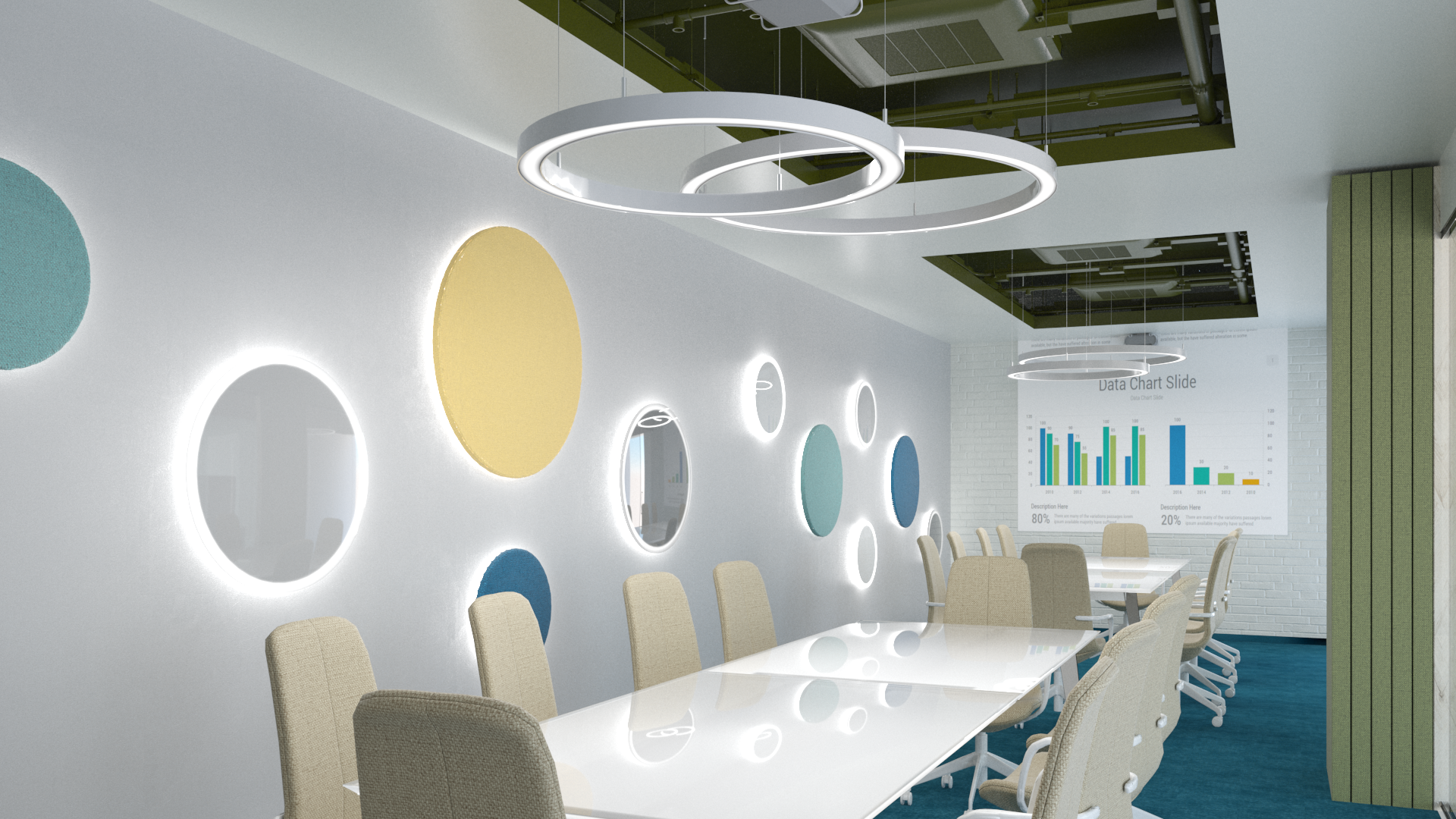 Modern conference room with round hanging lights, beige office chairs, a white glossy table, decorative wall mirrors, and a data chart presentation on a white brick wall.