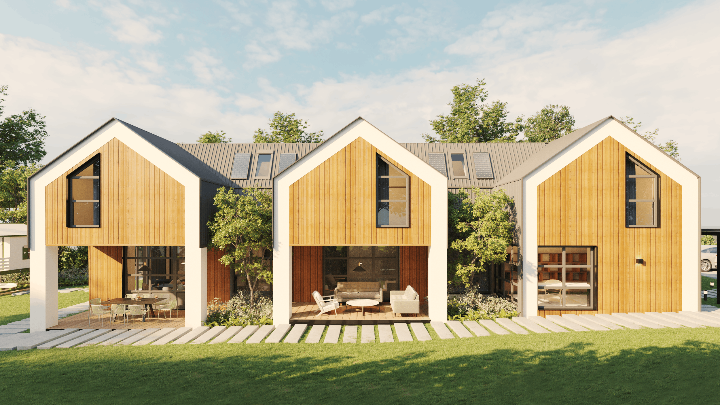 Modern residential building with three units, featuring wooden front panels, large windows, and open porch areas, surrounded by trees and greenery.