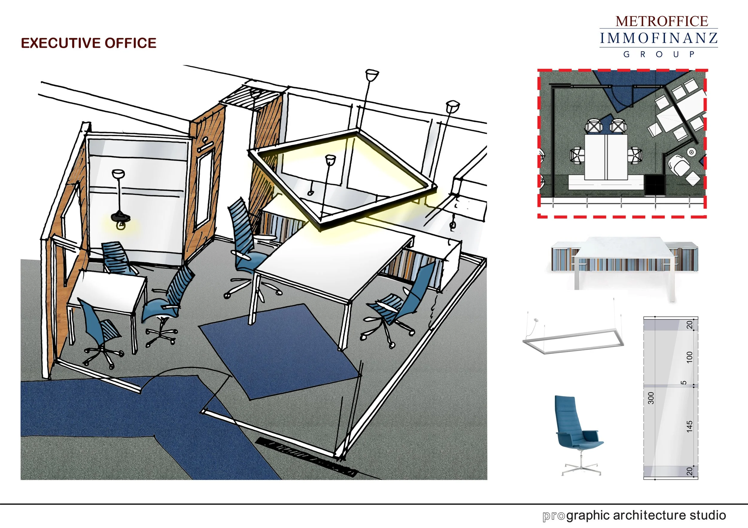 Architectural office floor plan and 3D rendering with desks, chairs, and meeting area, labeled 'Executive Office'.