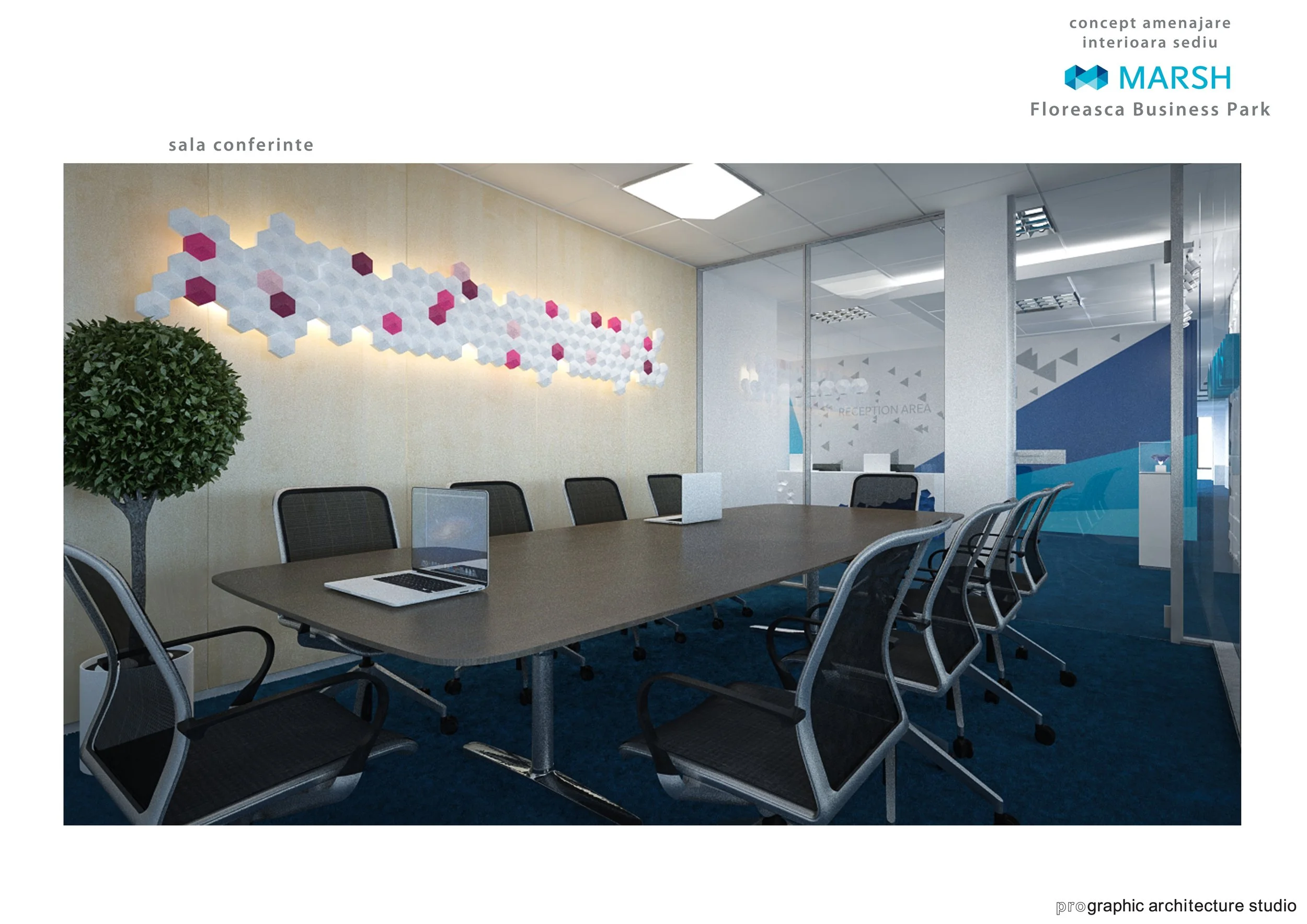 Modern conference room with a large table, black mesh chairs, laptops, a potted plant, geometric wall art, and a glass-walled reception area in the background.