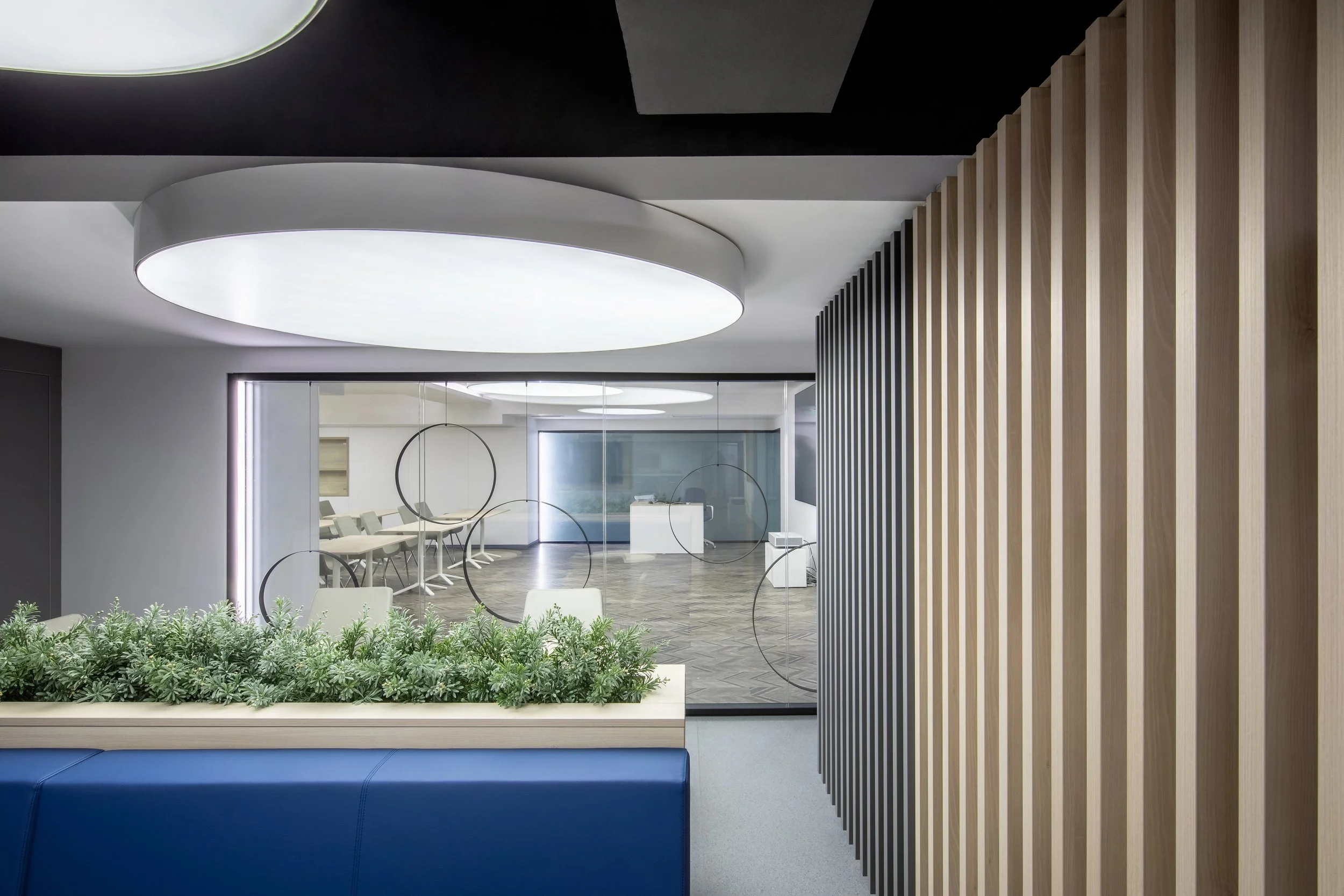 Modern office interior with a foreground navy blue seating area, a planter with green plants, a wooden slat partition on the right, large circular ceiling lights, and a glass-walled conference room in the background with white chairs and a central desk.