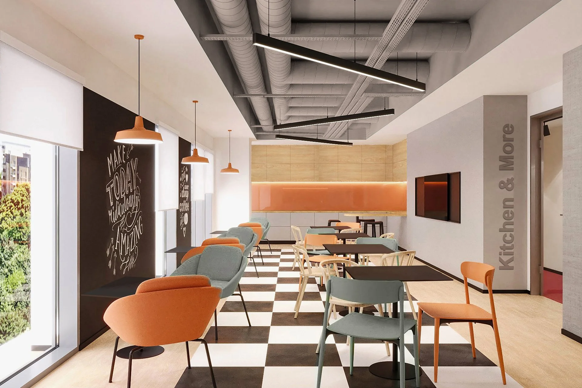 Modern cafe interior with checkered black and white floor, assorted pastel and orange chairs, black tables, black chalkboard walls with motivational quotes, large windows with blinds, pendant and linear light fixtures, and a flat-screen TV on a white wall with kitchen and more seating in the background.