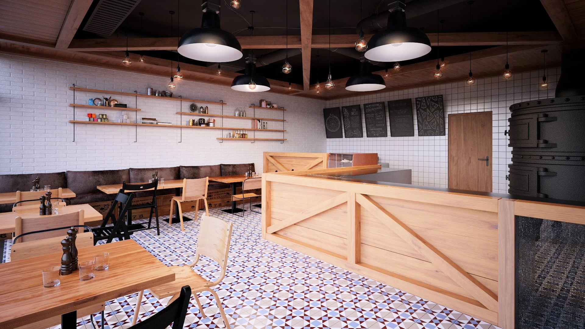 Interior of a modern restaurant with wooden furniture, black pendant lights, white brick and tiled walls, and a patterned tiled floor.