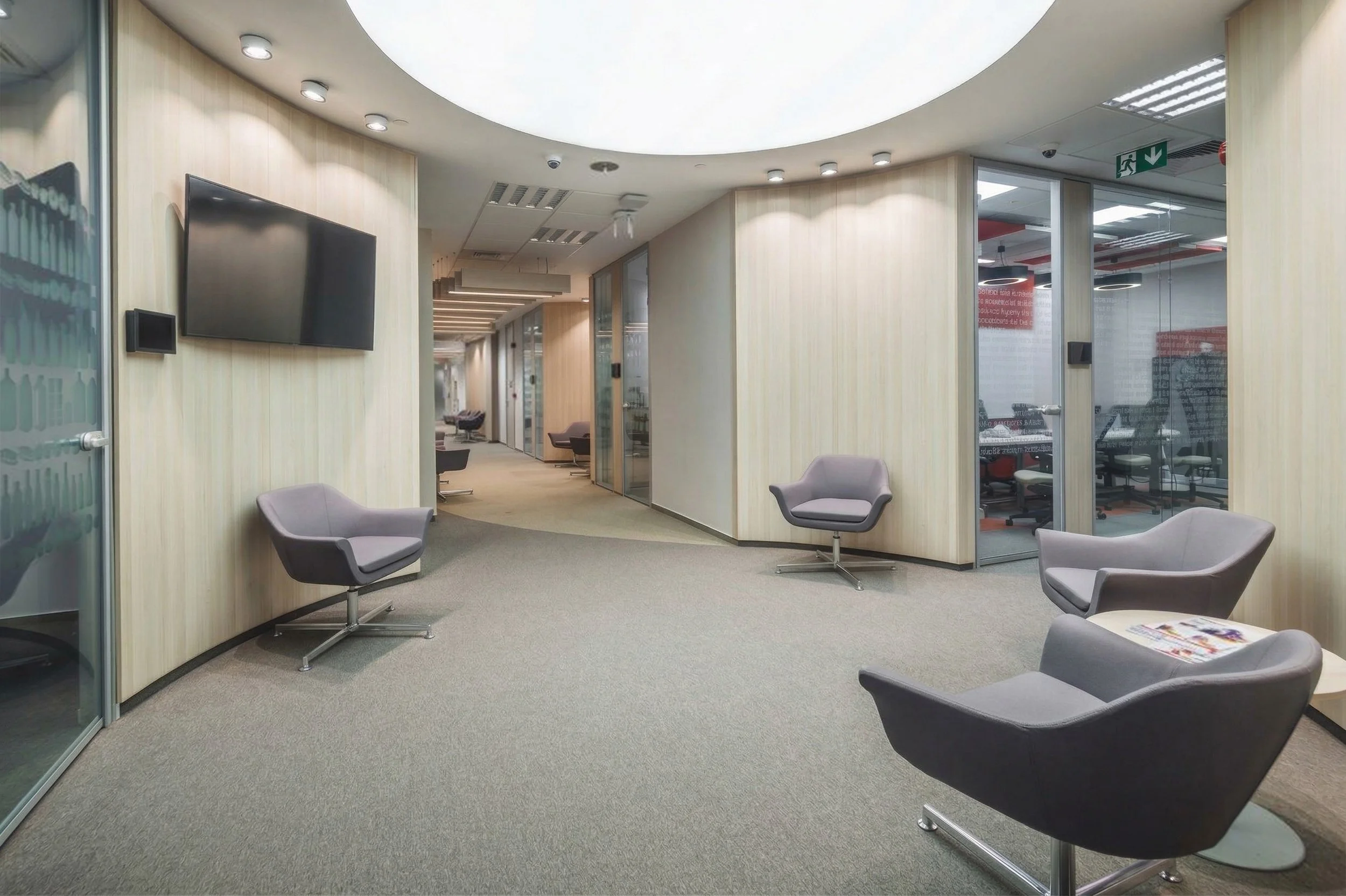 A modern office waiting area with gray chairs, a wall-mounted TV, and glass partitions separating different rooms.