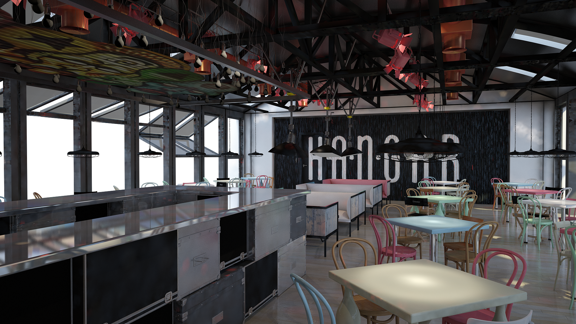 Interior of a modern restaurant or cafe with colorful chairs, tables, and black overhead lighting fixtures, large windows, and a black textured wall with large white text.